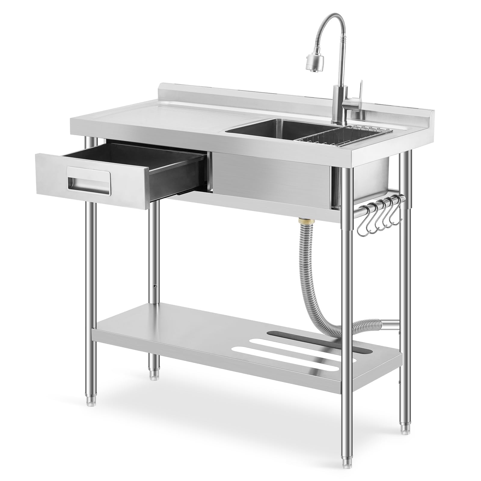 Front. GARVEE - Freestanding Stainless Steel Utility Sink with Workbench, Commercial Single Bowl Sink w/Hot & Cold Faucet, Storage Shelf - Silver.