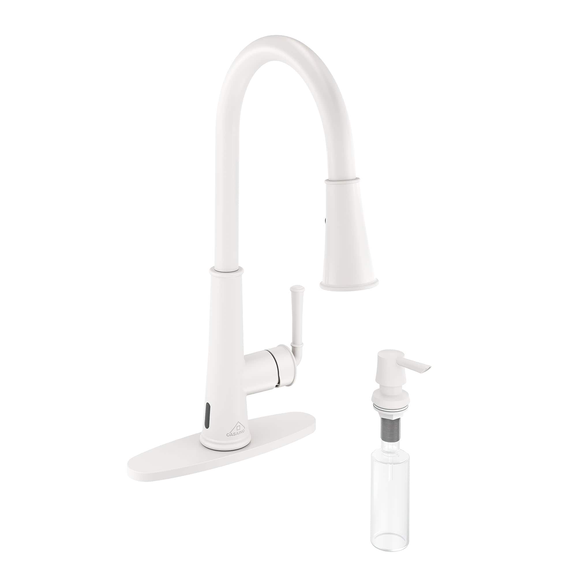 Front. Boyel Living - LED Infrared Sensor Pull Down Kitchen Faucet Switchable Water Flow White Light 360 Degree Rotation Deck Plate White - Matte White.