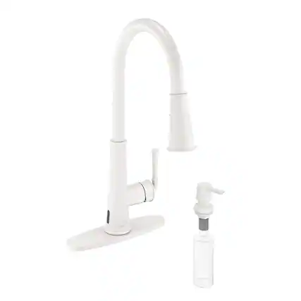 Front. Boyel Living - LED Infrared Sensor Pull Down Kitchen Faucet Switchable Water Flow White Light 360 Degree Rotation Deck Plate White - Matte White.
