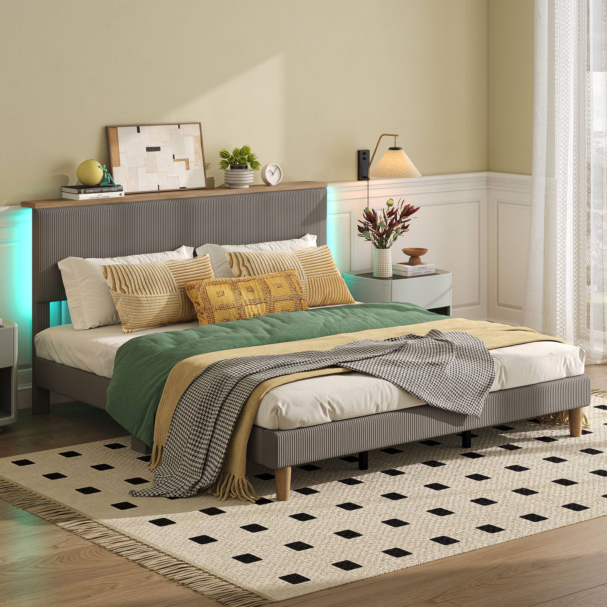 Left. Bestier - Bed Frame Upholstered Platform Gaming Bed with LED Light & Adjustable Storage Headboard for Bedroom - Gray.