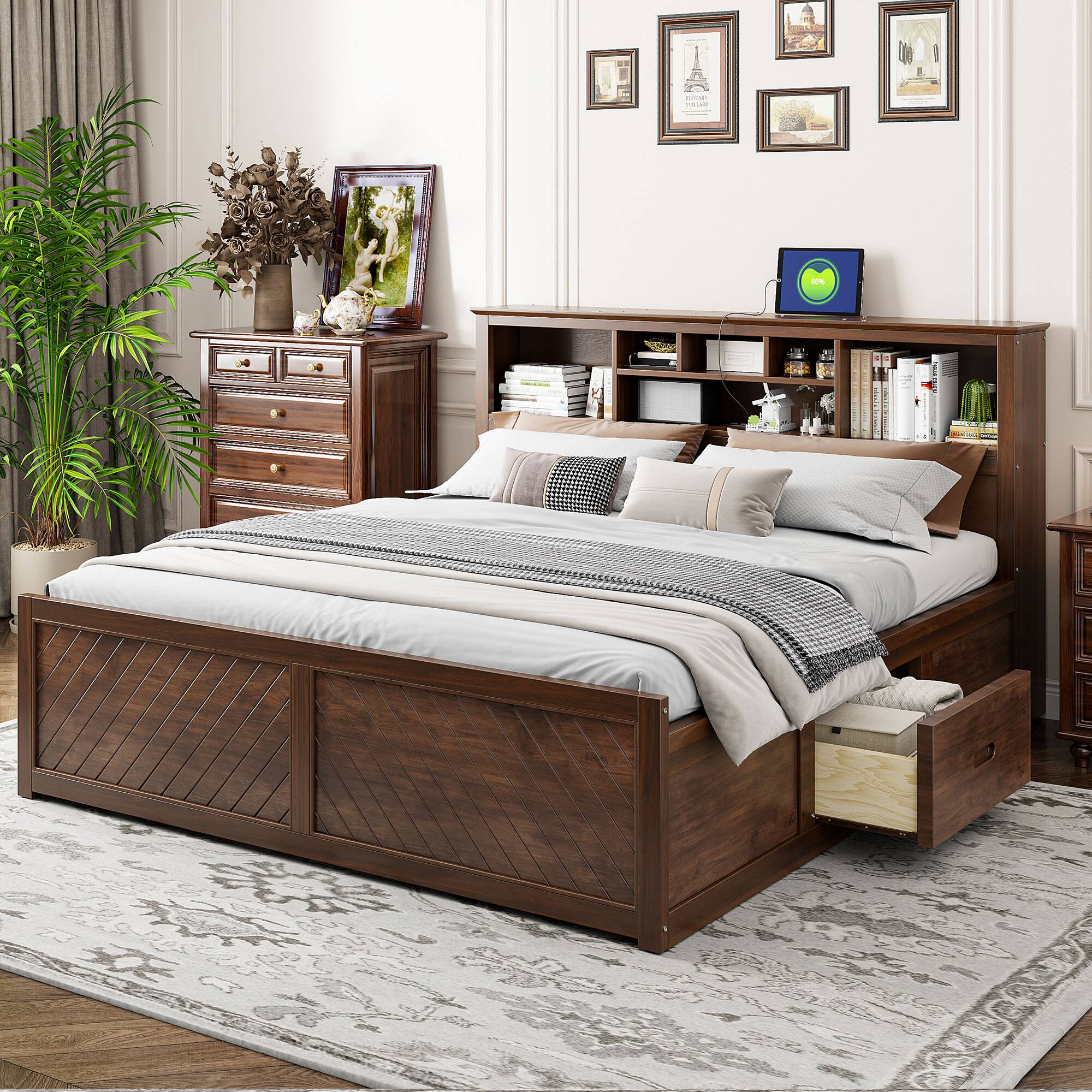 Tiramisubest - King Size Wood Platform Bed with Multi-storage Headboard, USB and Drawers, Antique Wood Color - Wood