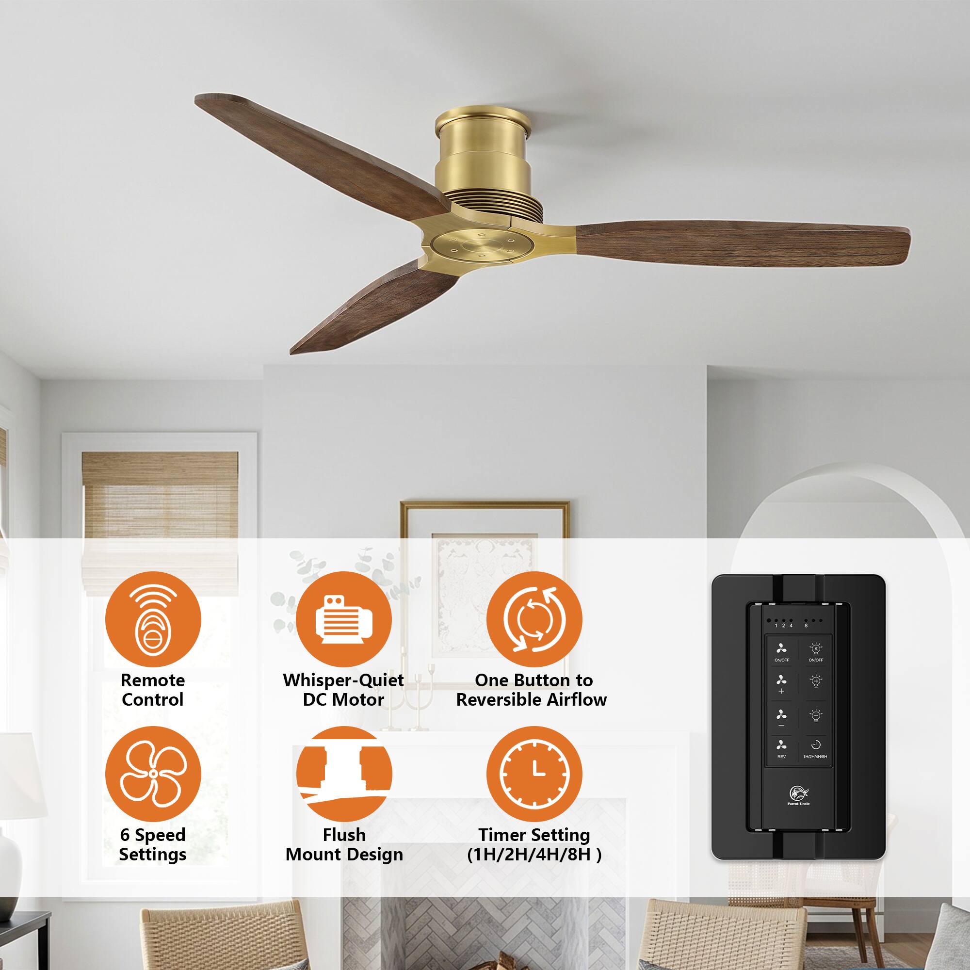 Remote Control Whisper-Quiet DC Motor Reversible Airflow - One Button to 6 Speed Settings Flush Mount Design Timer Setting (1H/2H/4H/8H)
