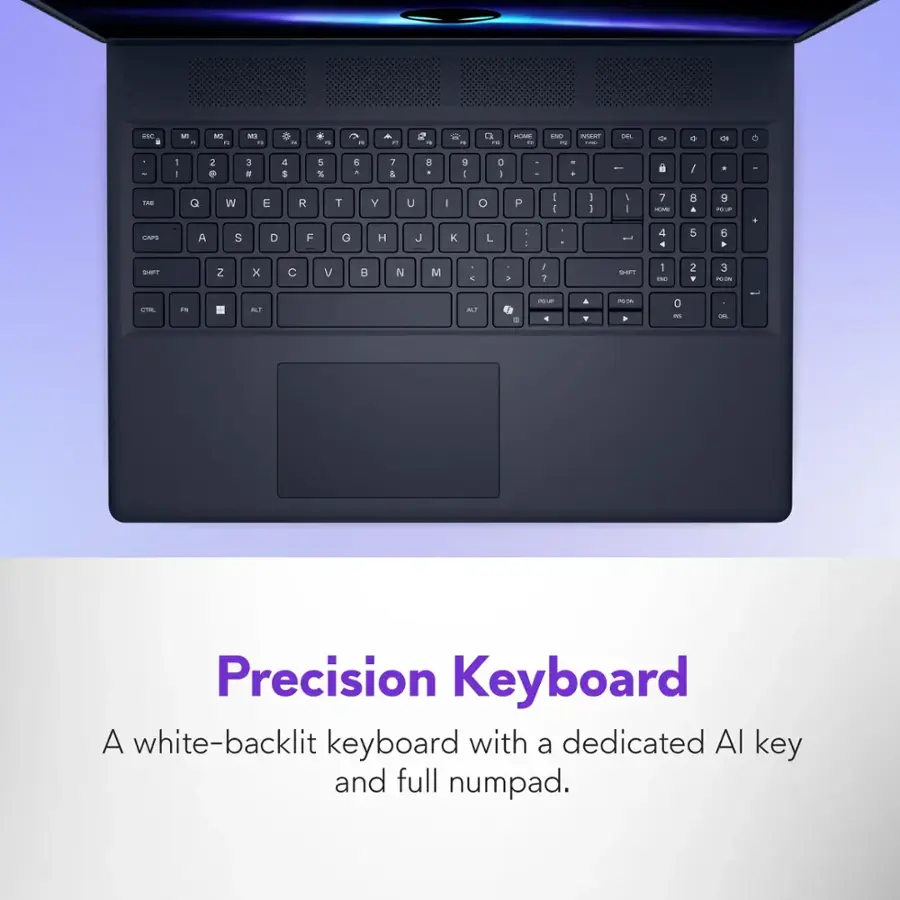 Precision Keyboard: A white-backlit keyboard with a dedicated Al key and full numpad.