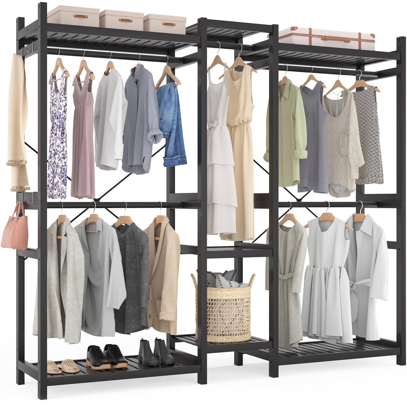 Angle. Aheaplus - Bamboo Large Freestanding Garment Rack - 7 Shelves, 5 Rods & 4 Hooks - Open Closet Organizer - Black.