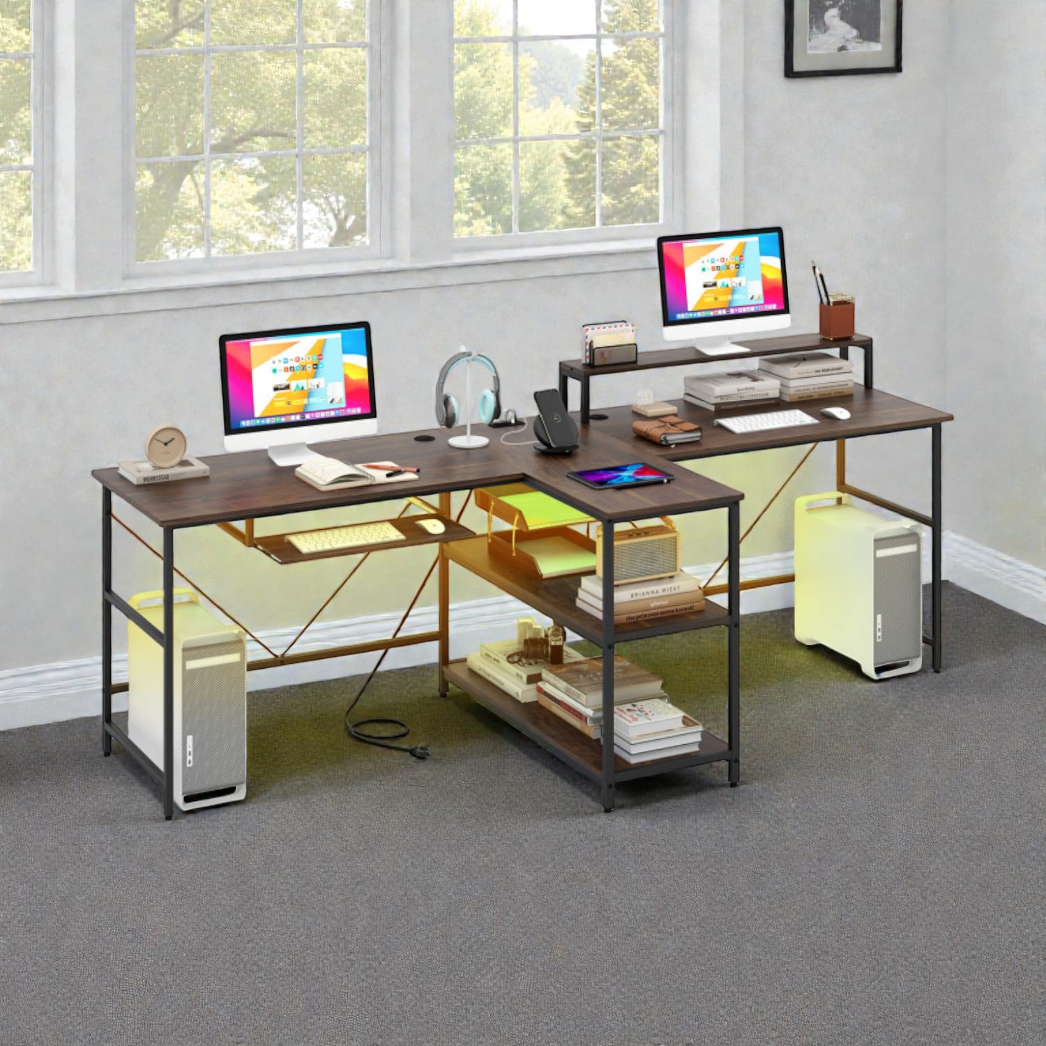 Hivvago - 2-Person Modern Office Desk with LED Illumination and Reversible Layout - Walnut