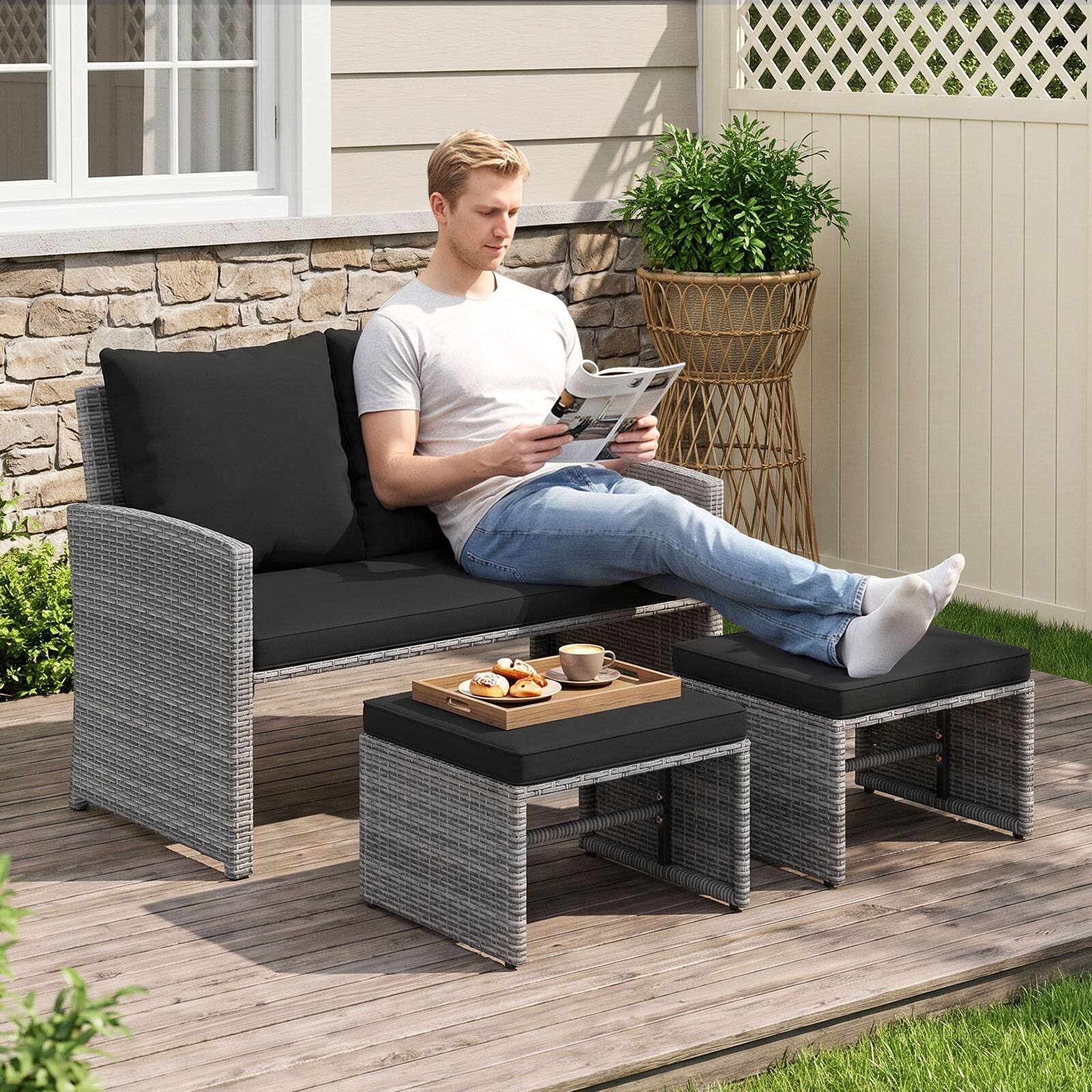 Alt View 3. Costway - Costway Outdoor Loveseat with Ottomans, 3 Pieces Patio PE Wicker Furniture Set with Cushions - Mix Gray + Black.