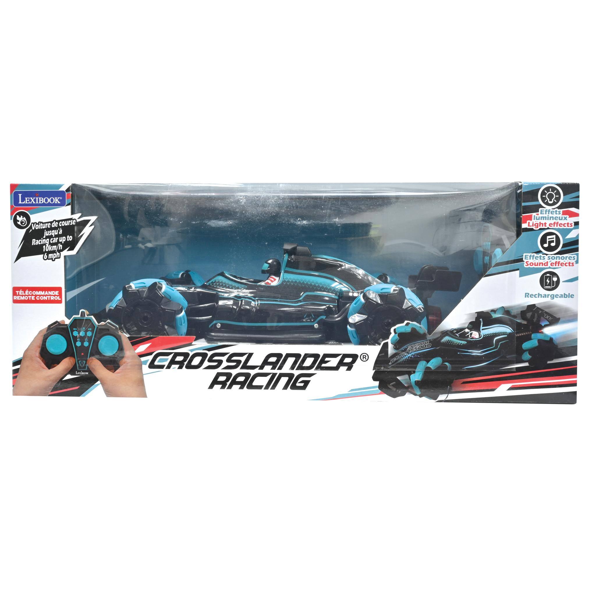 LEXIBOOK Voiture de course Racing car up to 10km/h 6 mph TELECOMMANDE REMOTE CONTROL

Effets lumineux Light effects
Effets sonores Sound effects
Rechargeable

CROSSLANDER RACING
