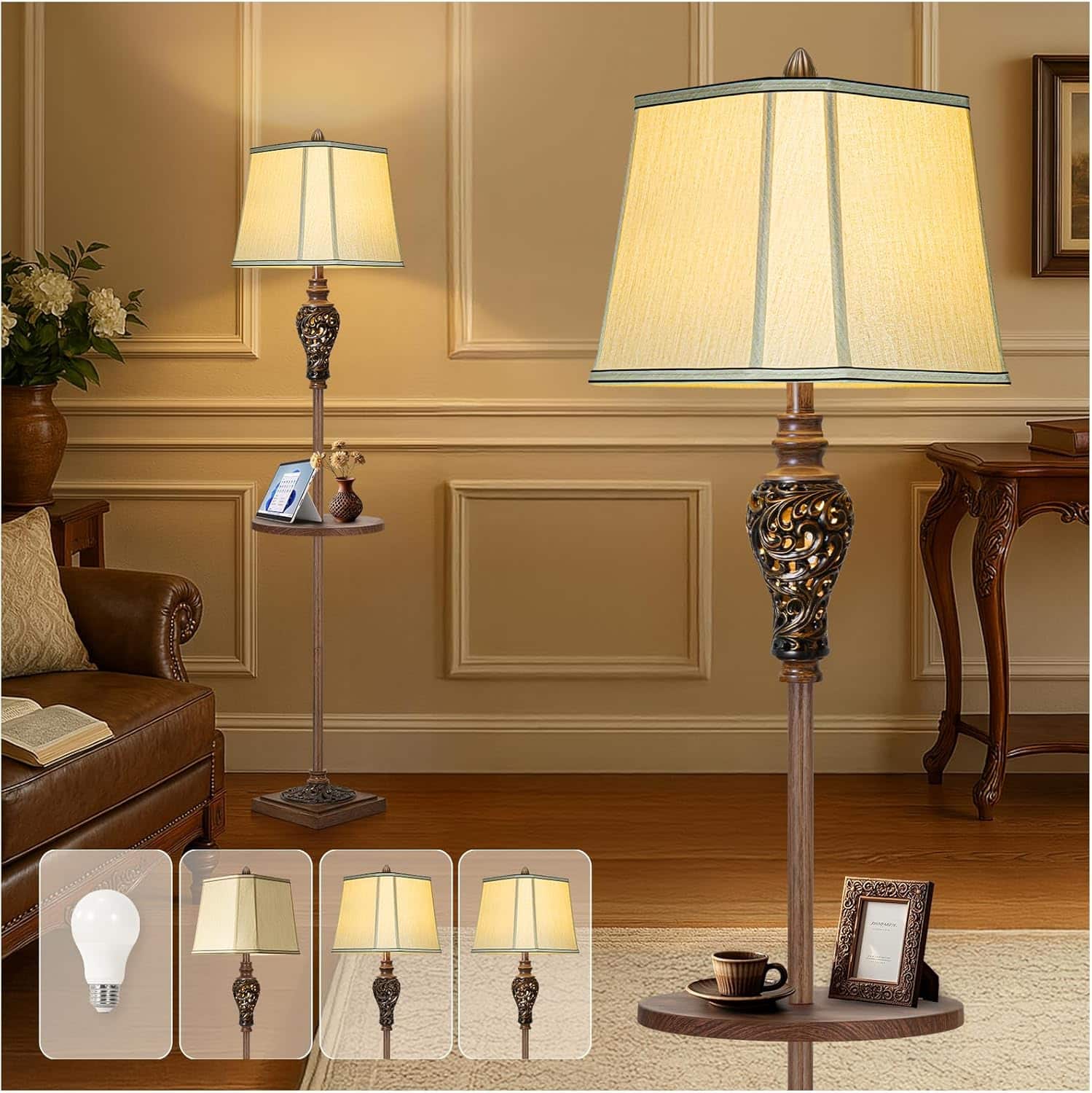 Cozy Serene - white Floor Lamp Lamp Vintage Flexible Fabric Rustic Tall with Nightlight Corner Linen Shade Standing - Bronze-with Tray