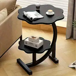 We Growing - 2 Layers Flower Shape Marble Texture Small C-Shaped Side Table,Snack Side Table, End Table for Sofa Side Table - Black