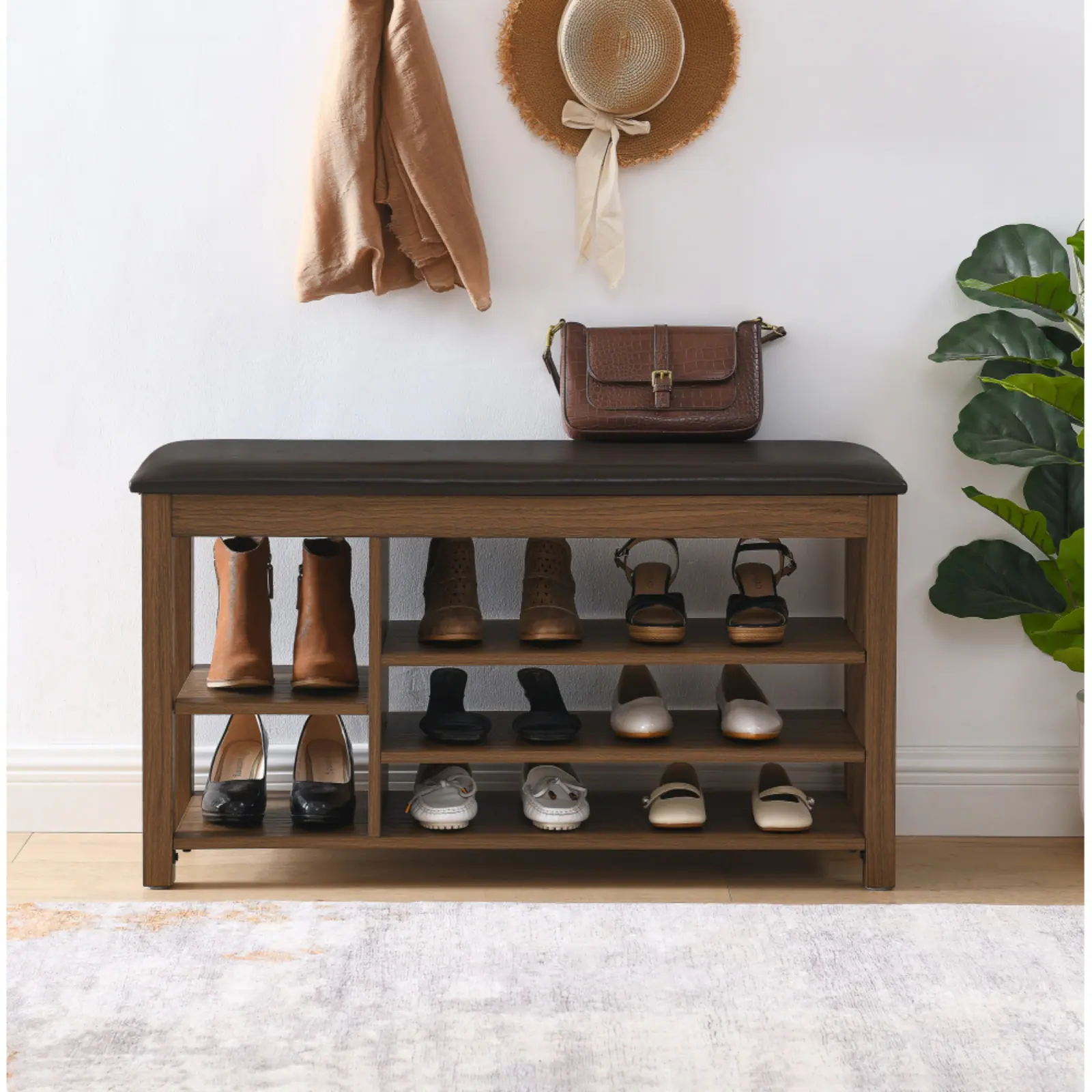 Alt View 5. HTUTWOO - Entryway Bench Shoe Rack: Flip-Open Storage, Adjustable Shelves & Cushion for Living Room Hallway Families - Brown.