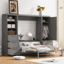 Tiramisubest - Queen Size Murphy Bed with Closet, Drawers & Shelves, Gray, MDF+LVL - Gray