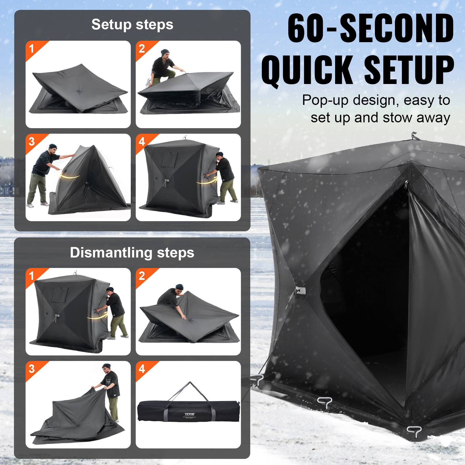 **Setup steps**

1. [Image of a folded tent]
2. [Image of a person unfolding the tent]
3. [Image of a person adjusting the tent]
4. [Image of a fully set up tent]

**60-SECOND QUICK SETUP**

Pop-up design, easy to set up and stow away

**Dismantling steps**

1. [Image of a person starting to dismantle the tent]
2. [Image of a person folding the tent]
3. [Image of a person folding the tent further]
4. [Image of the tent fully folded and packed into a bag]