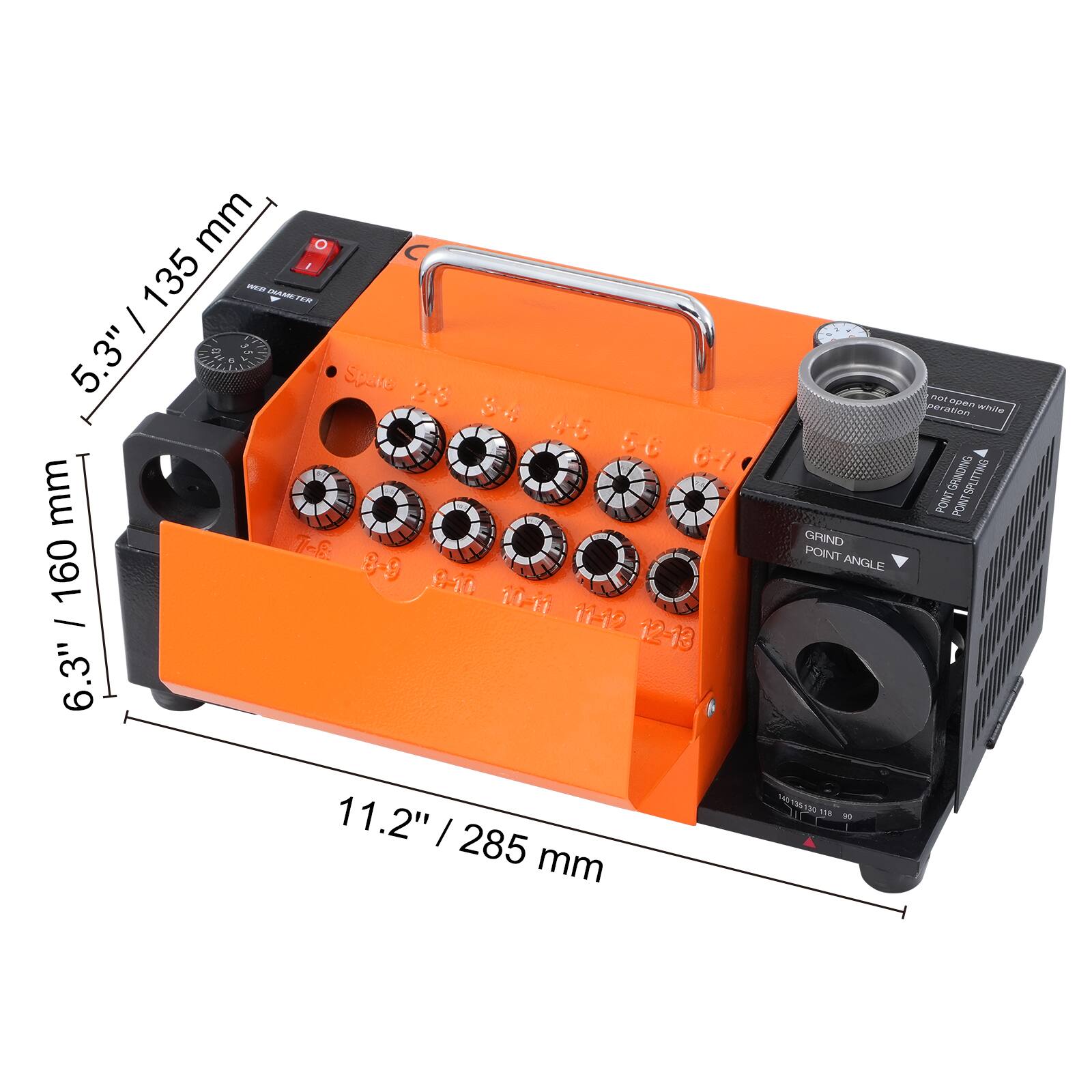 Sure, here is the corrected and grouped text from the image:

- **Dimensions:**
  - 5.3" / 135 mm
  - 6.3" / 160 mm
  - 11.2" / 285 mm

- **Spindle:**
  - 23
  - 34
  - 5
  - 5e
  - G7

- **Grind Point Angle:**
  - 14°
  - 18°
  - 51°
  - 39°
  - 97°

- **Grinding:**
  - 5
  - SPUTTING
  - POINT

- **Additional Text:**
  - "not operate while"
  - "POWER ON"
  - "POINT ANGLE"