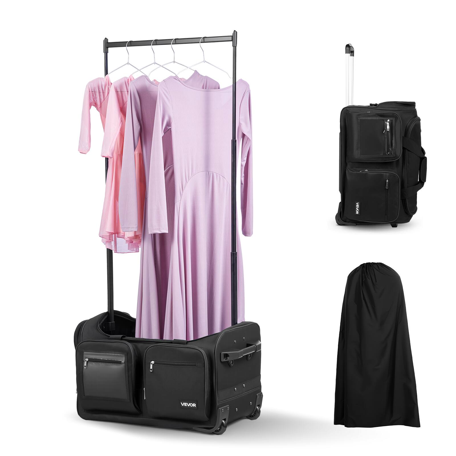 Front. VEVOR - Dance Bag with Garment Rack, 23 Inch Rolling Dance Duffel, with Wheels, USB Port, Height Adjustable Clothes Rack - Black.
