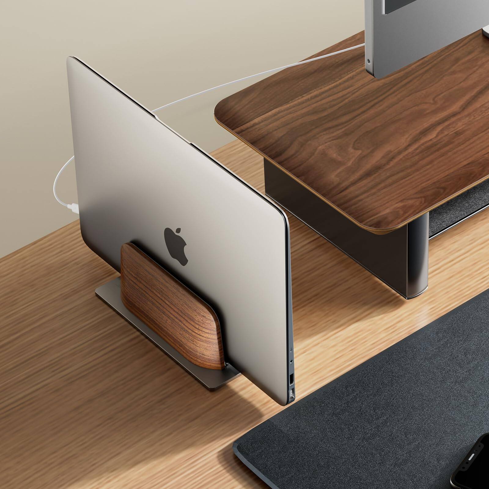 Back. HongFei - Vertical Laptop Stand for Desk, Laptop Holder to Dock MacBook, MacBook Pro and Other Laptops, Black Walnut Wood - Walnut.