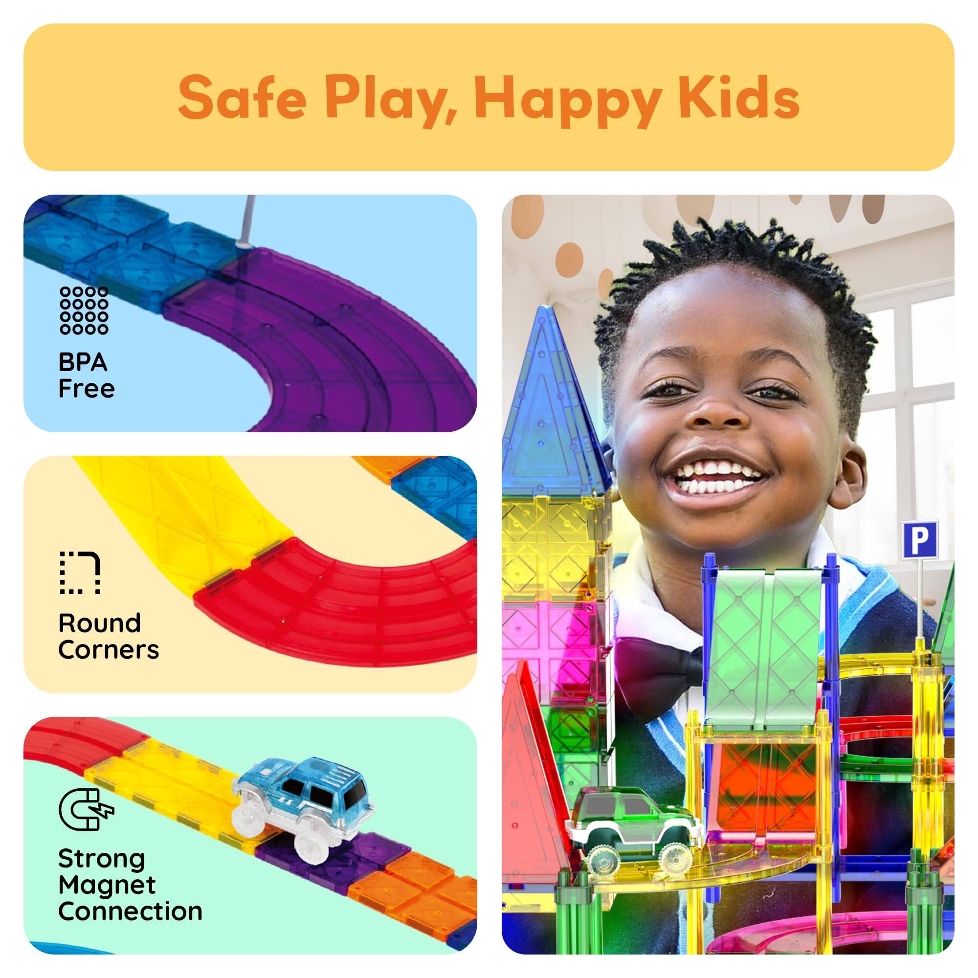 Safe Play, Happy Kids

- BPA Free
- Round Corners
- Strong Magnet Connection