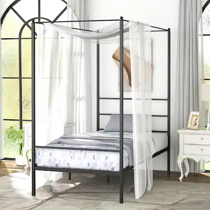 Front. Gymax - Gymax Twin Metal Canopy Platform Bed Frame Mattress Foundation w/ Slat Support - Black.