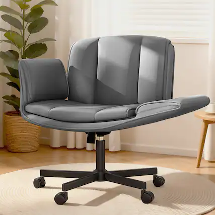 Front. KERDOM - 4 in 1 Cross-Legged Chair with Wheels & Expandable Arms, PU Leather Wide Seat Vanity Chair, Home Office Computer Chair - Dark Grey.