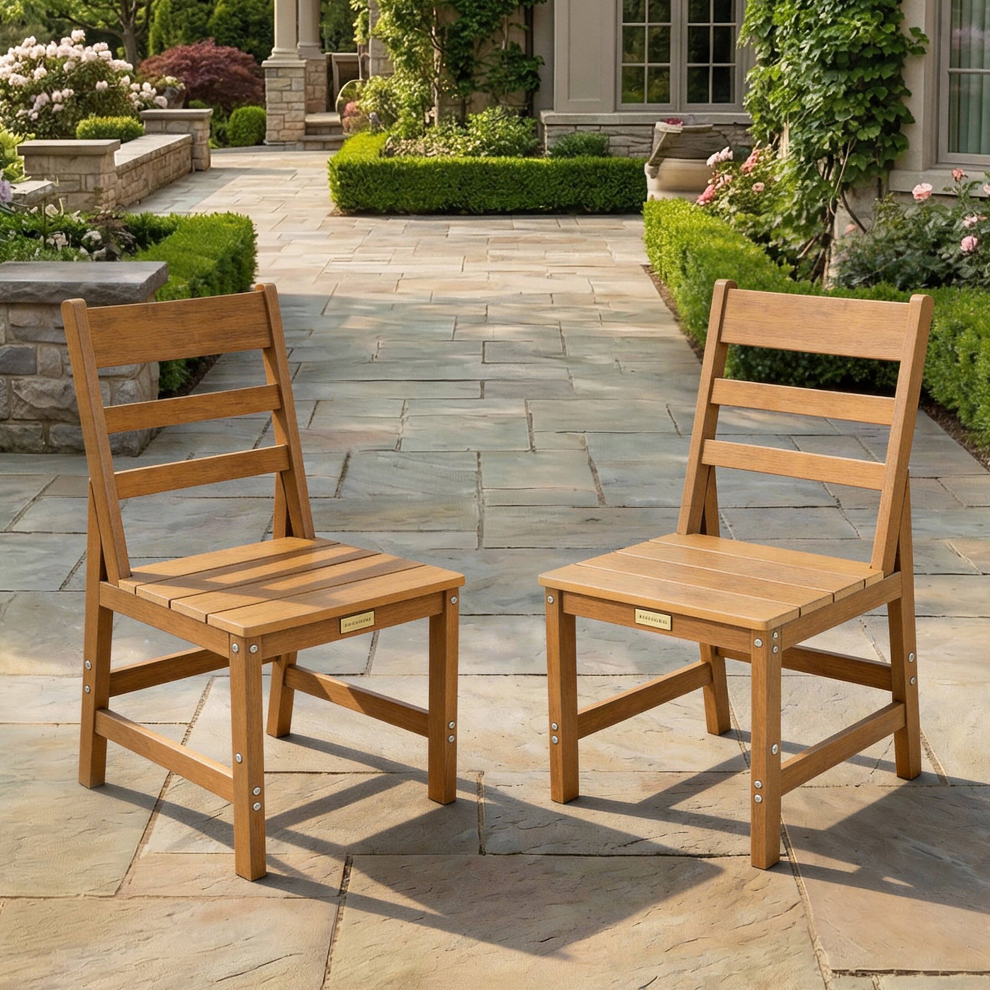 Angle. Famapy - Pairs of Teak-Style Outdoor Patio Dining Chair HDPS Aluminum Frame, Weatherproof & Low-Maintenance for Garden Poolside - Wooden.