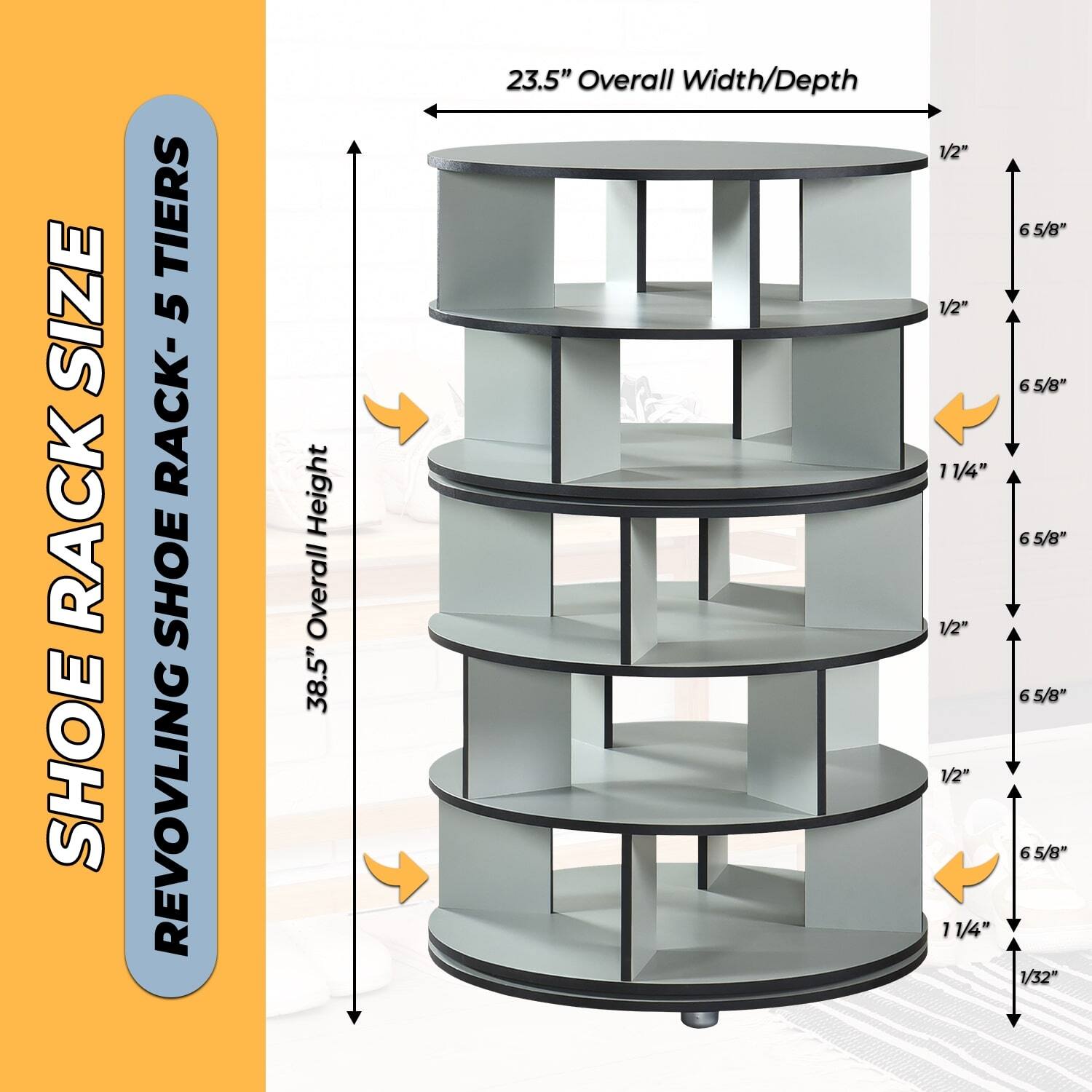 The corrected text is:

- Size: 5 Rack-Shoe Revolving
- Height: 38.5"
- Overall Width/Depth: 23.5"
- Shelf Width/Depth: 6 5/8"
- Shelf Height: 1 1/4"
- Overall Width/Depth: 6 5/8"
- Shelf Height: 1 1/4"
- Overall Width/Depth: 6 5/8"
- Shelf Height: 1 1/4"
- Overall Width/Depth: 6 5/8"
- Shelf Height: 1 1/4"
- Overall Width/Depth: 6 5/8"
- Shelf Height: 1 1/4"
- Overall Width/Depth: 6 5/8"
- Shelf Height: 1 1/4"
- Overall Width/Depth: 6 5/8"
- Shelf Height: 1 1/4"
- Overall Width/Depth: 6 5/8"
- Shelf Height: 1 1/4"
- Overall Width/Depth: 6 5/8"
- Shelf Height: 1 1/4"
- Overall Width/Depth: 6 5/8"
- Shelf Height: 1 1/4"
- Overall Width/Depth: 6 5/8"
- Shelf Height: 1 1/4"
- Overall Width/Depth: 6 5/8"
- Shelf Height: 1 1/4"
- Overall Width/Depth: 6 5/8"
- Shelf Height: 1 1/4"
- Overall Width/Depth: 6 5/8"
- Shelf Height: 1 1/4"
- Overall Width/Depth: 6 5/8"
- Shelf Height: 1 1/4"
- Overall Width/Depth: 6 5/8"
- Shelf Height: 1 1/4"
- Overall Width/Depth: 6 5/8"
- Shelf Height: 1 1/4"
- Overall Width/Depth: 6 5/8"
- Shelf Height: 1 1/4"
- Overall Width/Depth: 6 5/8"
- Shelf Height: 1 1/4"
- Overall Width/Depth: 6 5/8"
- Shelf Height: 1