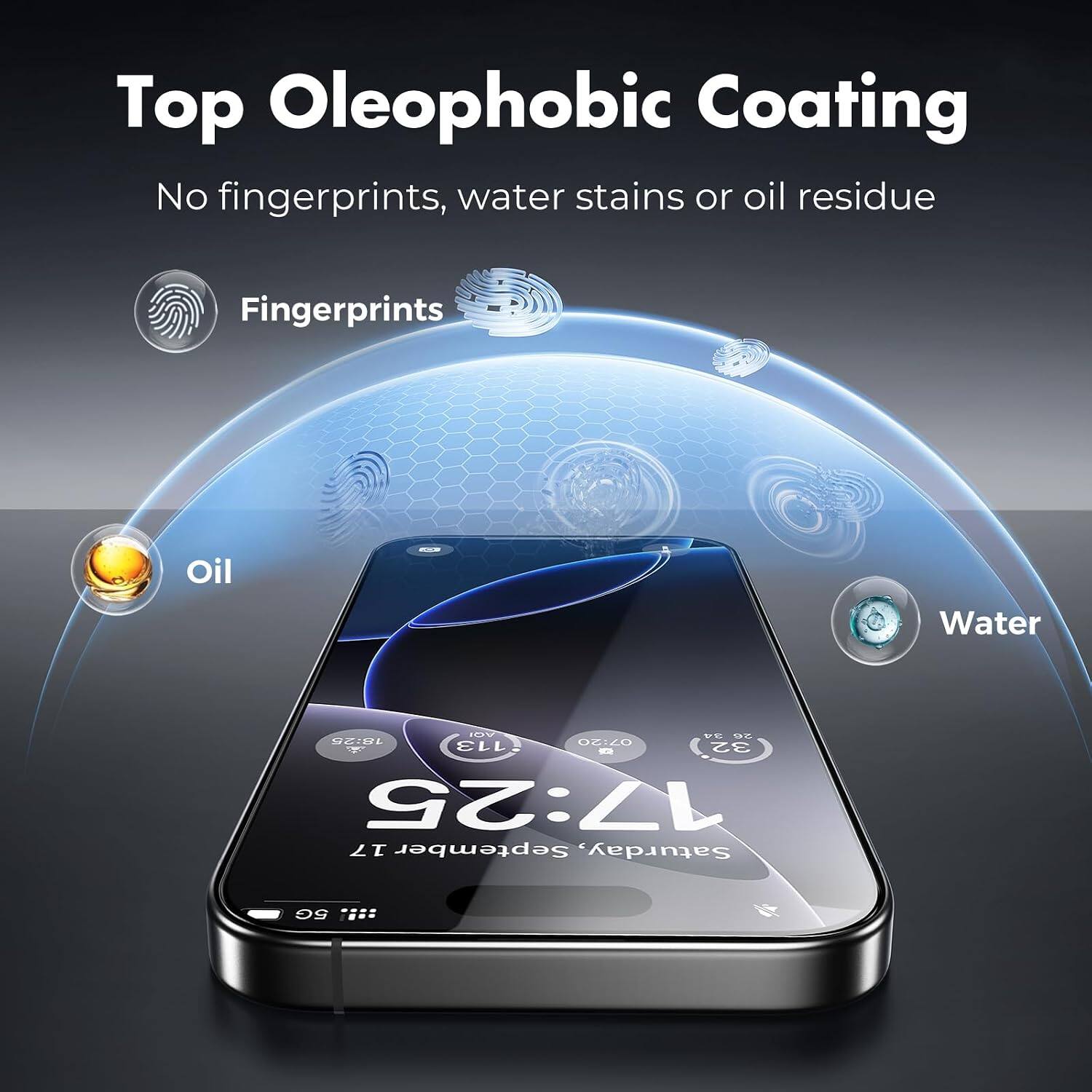 Top Oleophobic Coating  
No fingerprints, water stains or oil residue  

Fingerprints  
Oil  
Water  

8 VE  
UCIUL DE:LO 113 - 32 17:25  
17 September Saturday, 5G