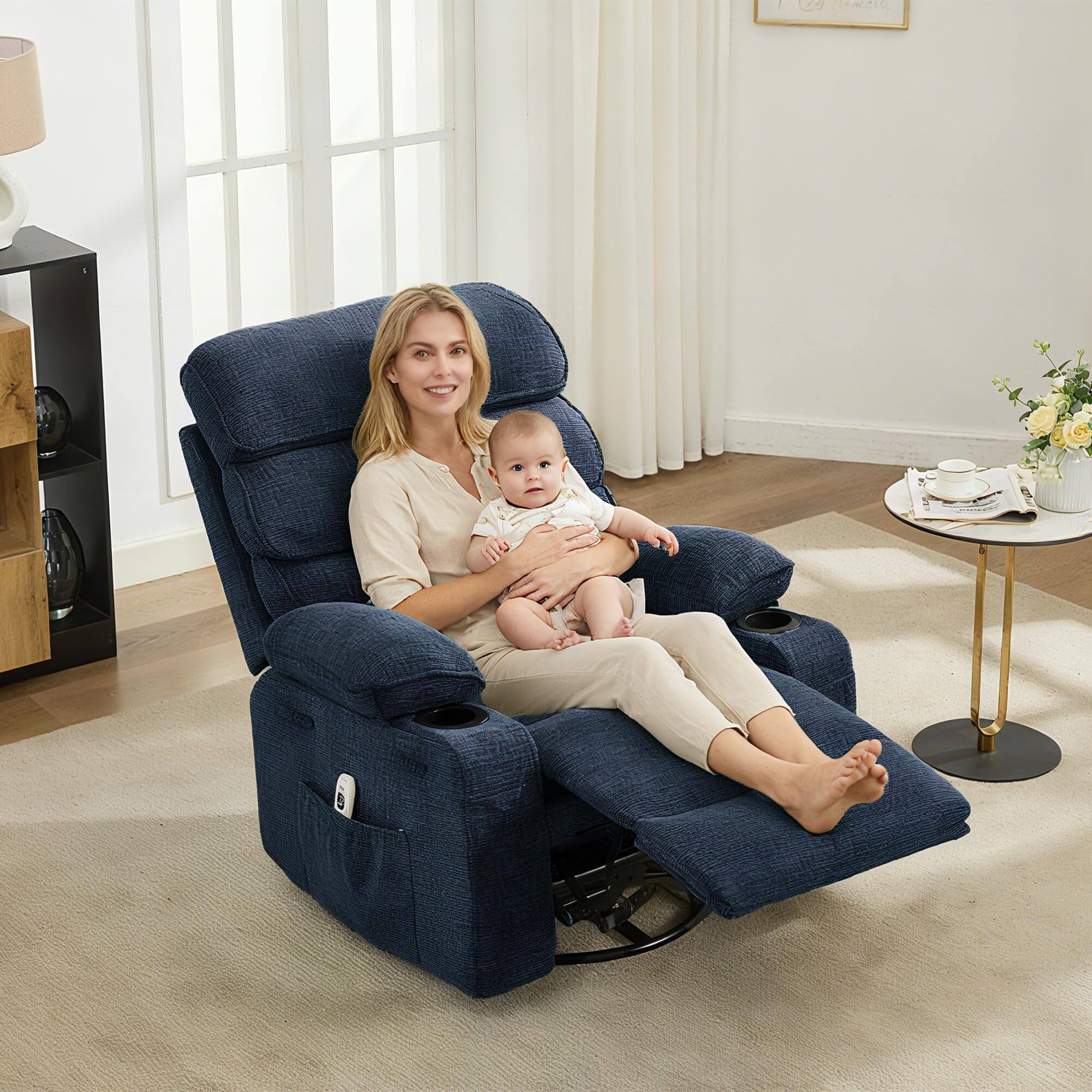 Alt View 3. Jojoka - Mamual Recliner with Massage and Heat, 360° Swivel Linen Recliner Chair with Cup Holders & Side Pocket for Adults - Blue.