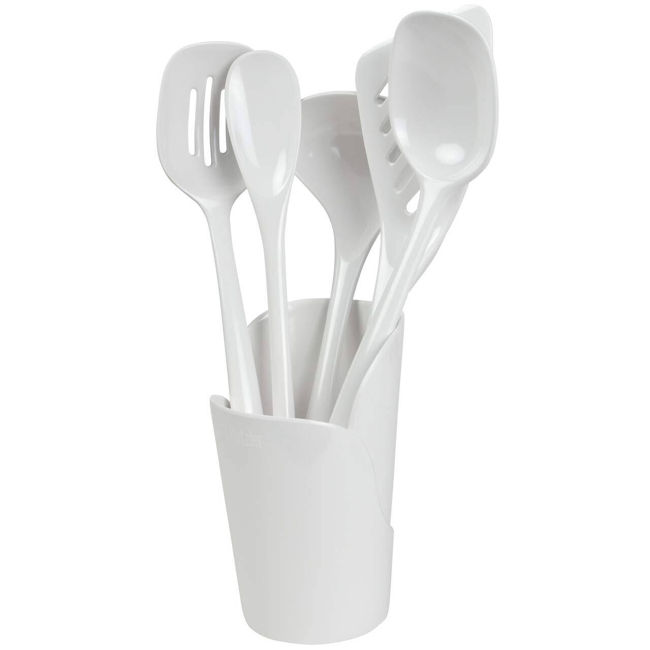 Hutzler - 6-piece Melamine Cooking Utensils Set and Storage Crock - White