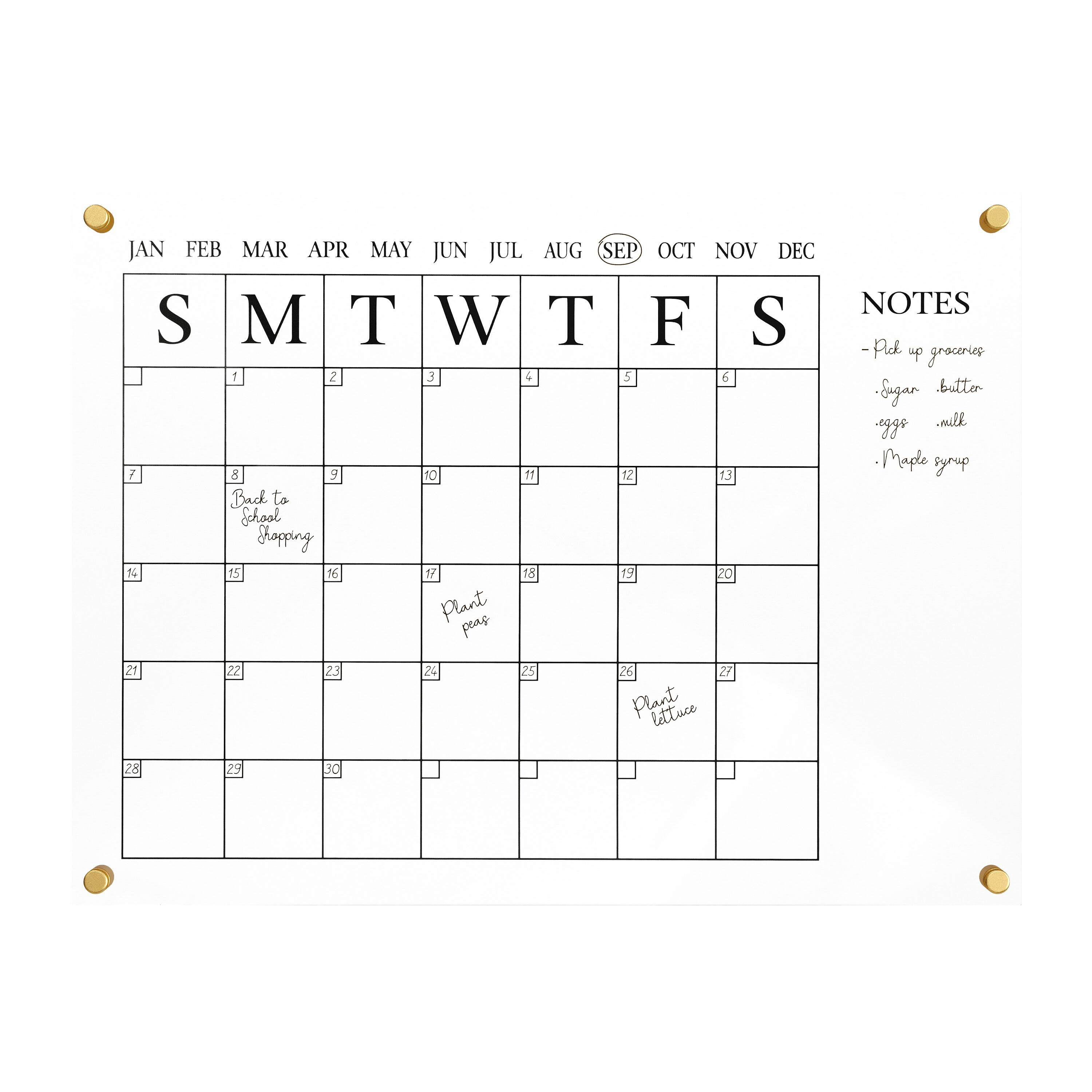 JAN FEB MAR APR MAY JUN JUL AUG SEP OCT NOV DEC NOTES SMTWTFS S M T W T F S -Pdl up graceries 1 2 3  5 5 .Eugan butter mith ygs Made syrup 7 d 9 0 11 12 3 Back to School thopping 1 15 6 17 18 13 20 Plant peas 21 22 23 2 25 26 Plant lettuce 27 28 29 J0 A