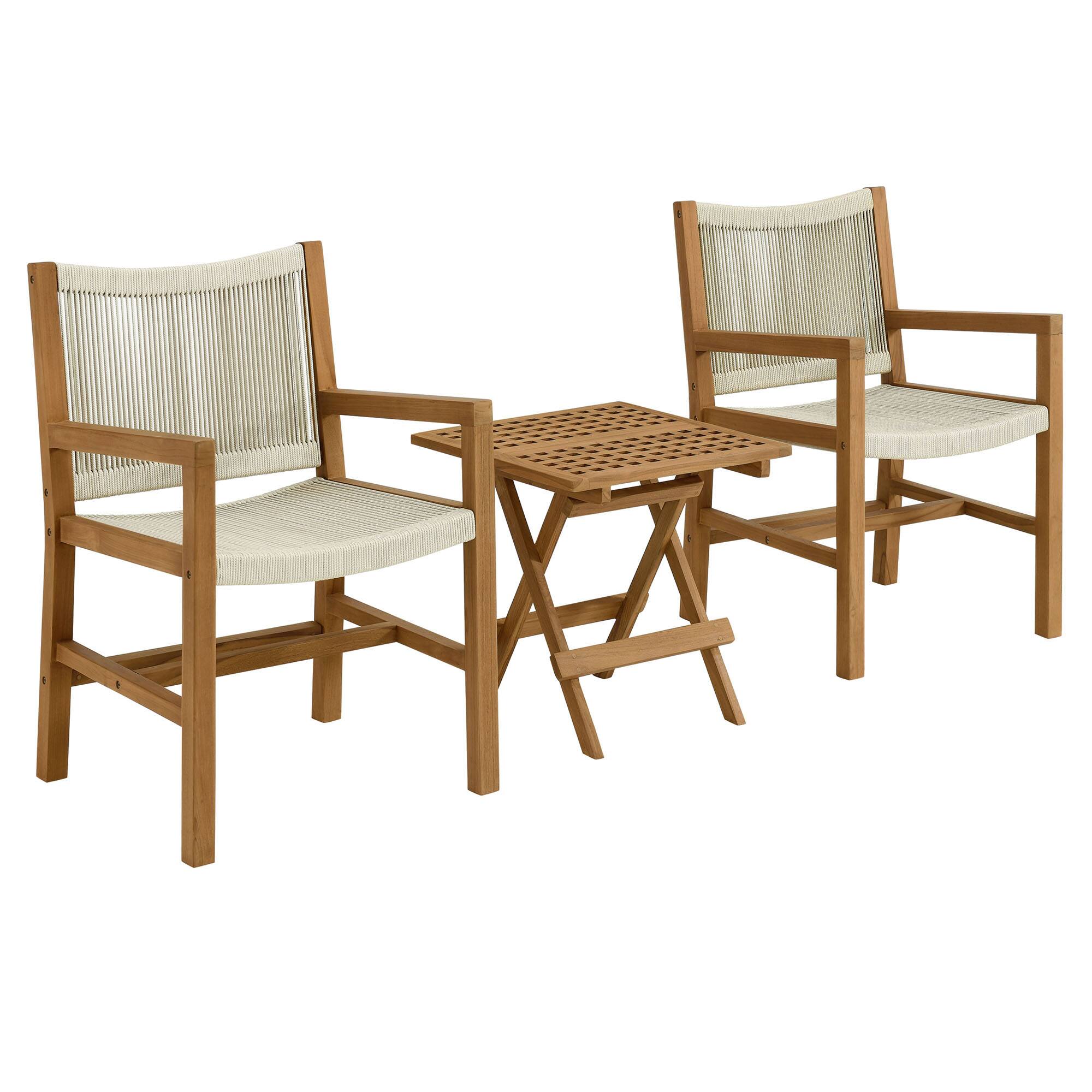 Angle. Modway - Vienna 3-Piece Outdoor Patio Teak and Rope Armchairs with Folding Side Table by Modway - Natural Natural.