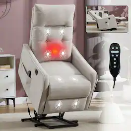 Ropilly - Chenille Massage Chair, Power Lift Recliner for Elderly with Lumbar Heat and USB Port - Beige
