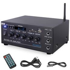 PYLE
PyleAudio.com
MODE PLAY PREV NEXT
LED Display
POWER
MIC-1
MIC-2
AUX
TREBLE
BASS
70V/25V PA AMPLIFIER
PCM20A
USB
MIC-1 IN
MIC-2 IN
AUX IN
REMOTE CONTROL
70V/25V PA AMPLIFIER
PCM20A
