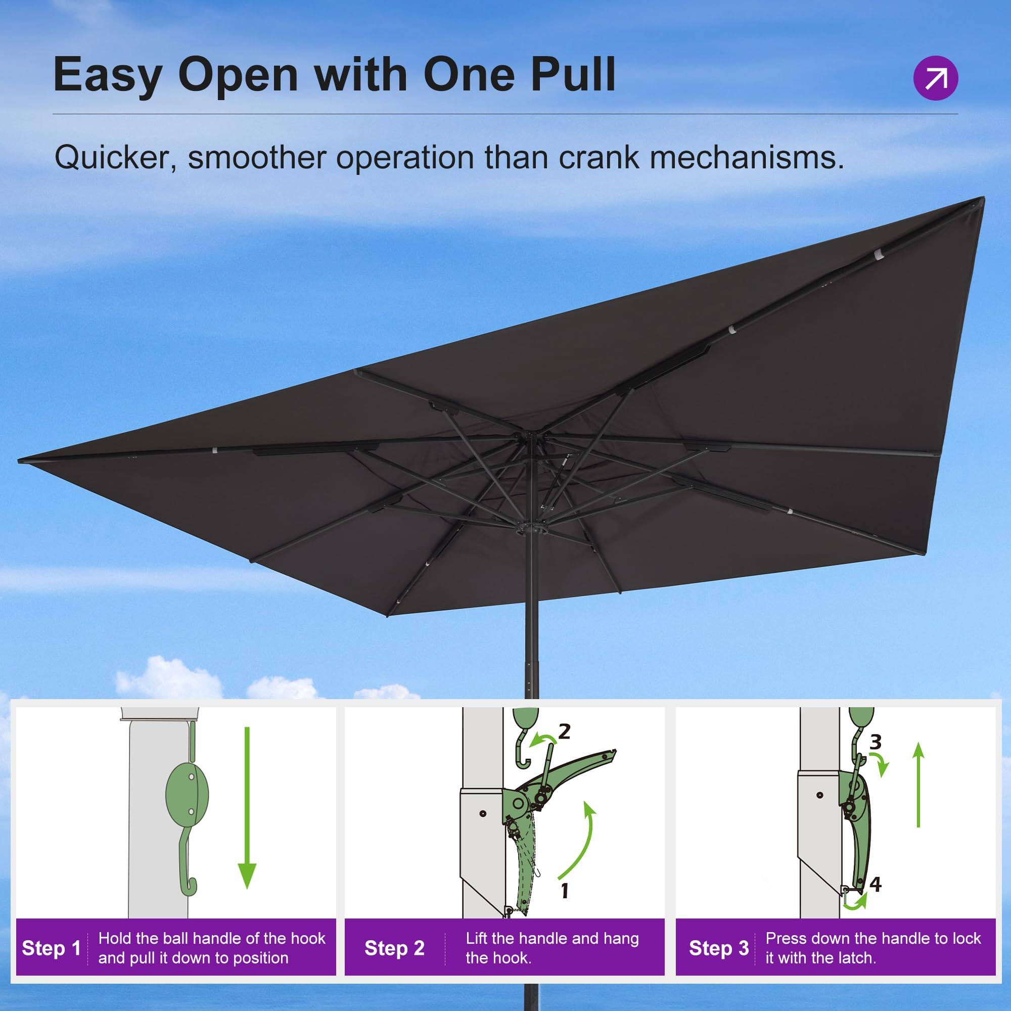 Easy Open with One Pull  
Quicker, smoother operation than crank mechanisms.  

Step 1: Hold the ball handle of the hook and pull it down to position.  
Step 2: Lift the handle and hang the hook.  
Step 3: Press down the handle to lock it with the latch.