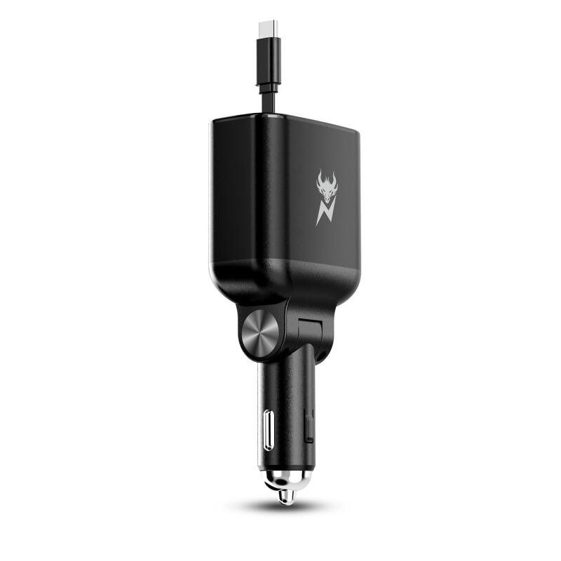 Angle. AmpNergy - AmpNergy Speedemon 105W 4-in-1 Car Charger with Dual Ports & Retractable Cables - Black - Black.
