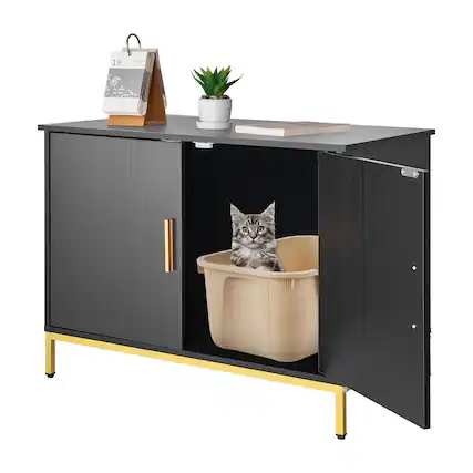 Front. VEVOR - Cat Litter Box Enclosure Furniture, 27.6 in Hidden Litter Box Cabinet with Metal Legs & Handle, Cat Washroom House - Black.
