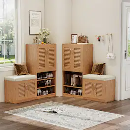 Loheer - shoe storage cabinet with bench and louvered doors - Oak