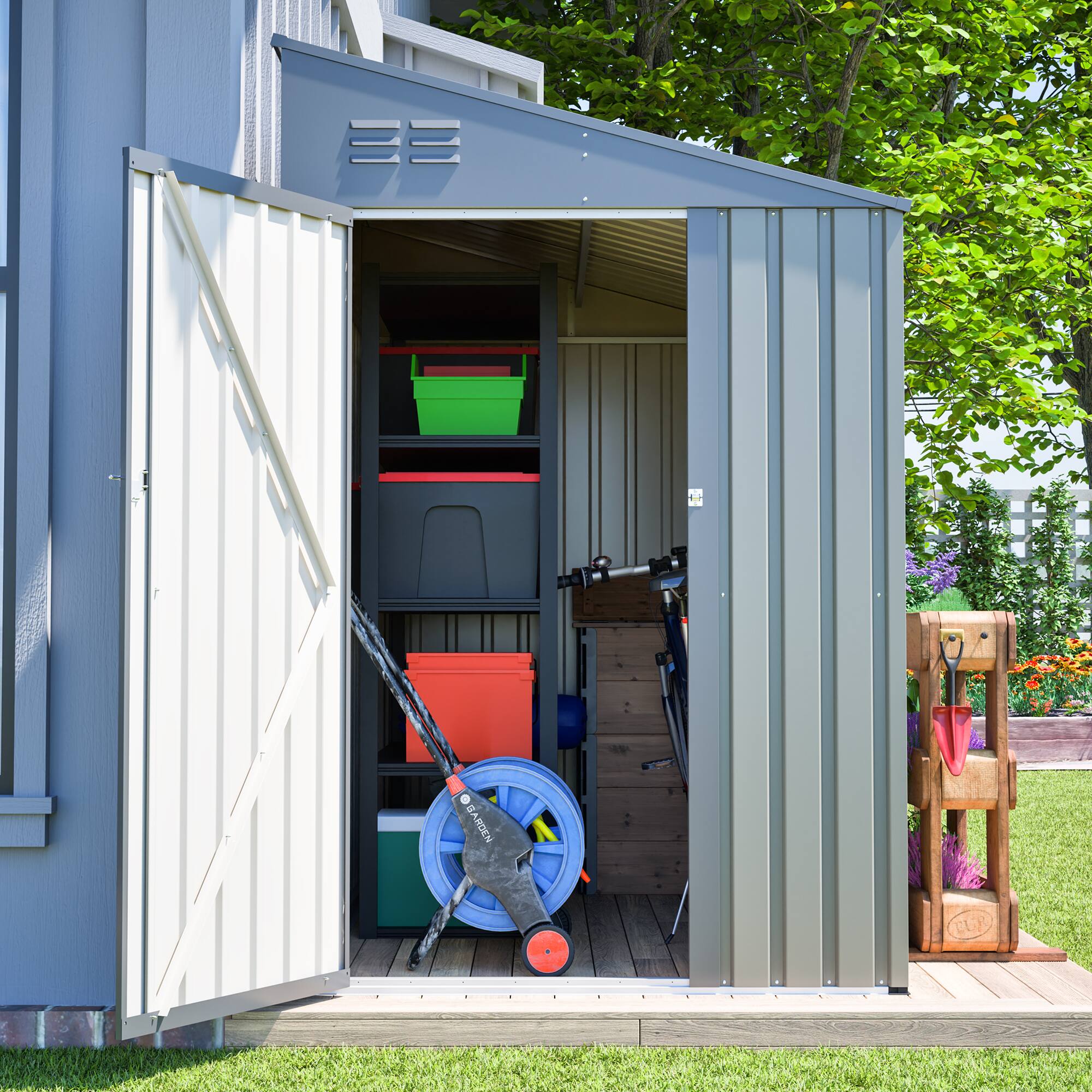Angle. Anysun - 4x7 Foot Lean-To Steel Storage Shed, Heavy-Duty Outdoor Garden Tool & Bicycle Shed with All-Weather Protection - Gray.