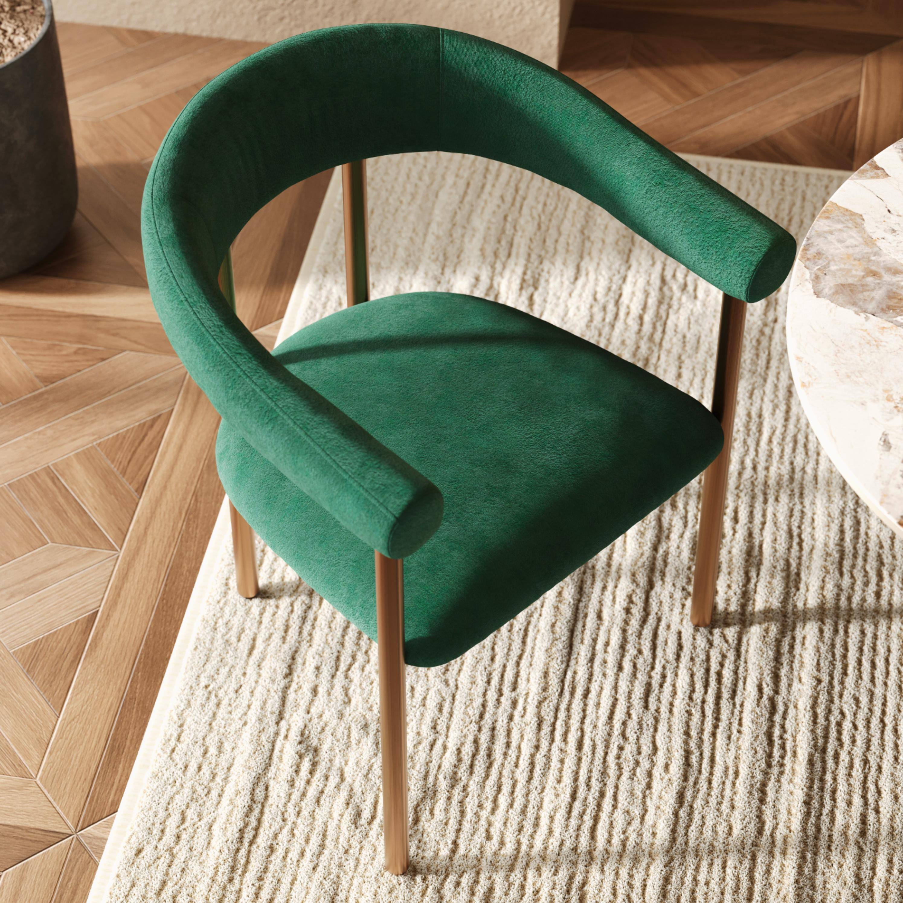 Back. POVISON - Modern Upholstered Armrest Dining Chair, Green Velvet Accent Chair with Arms, Fully Assembled - Green & Bronze.
