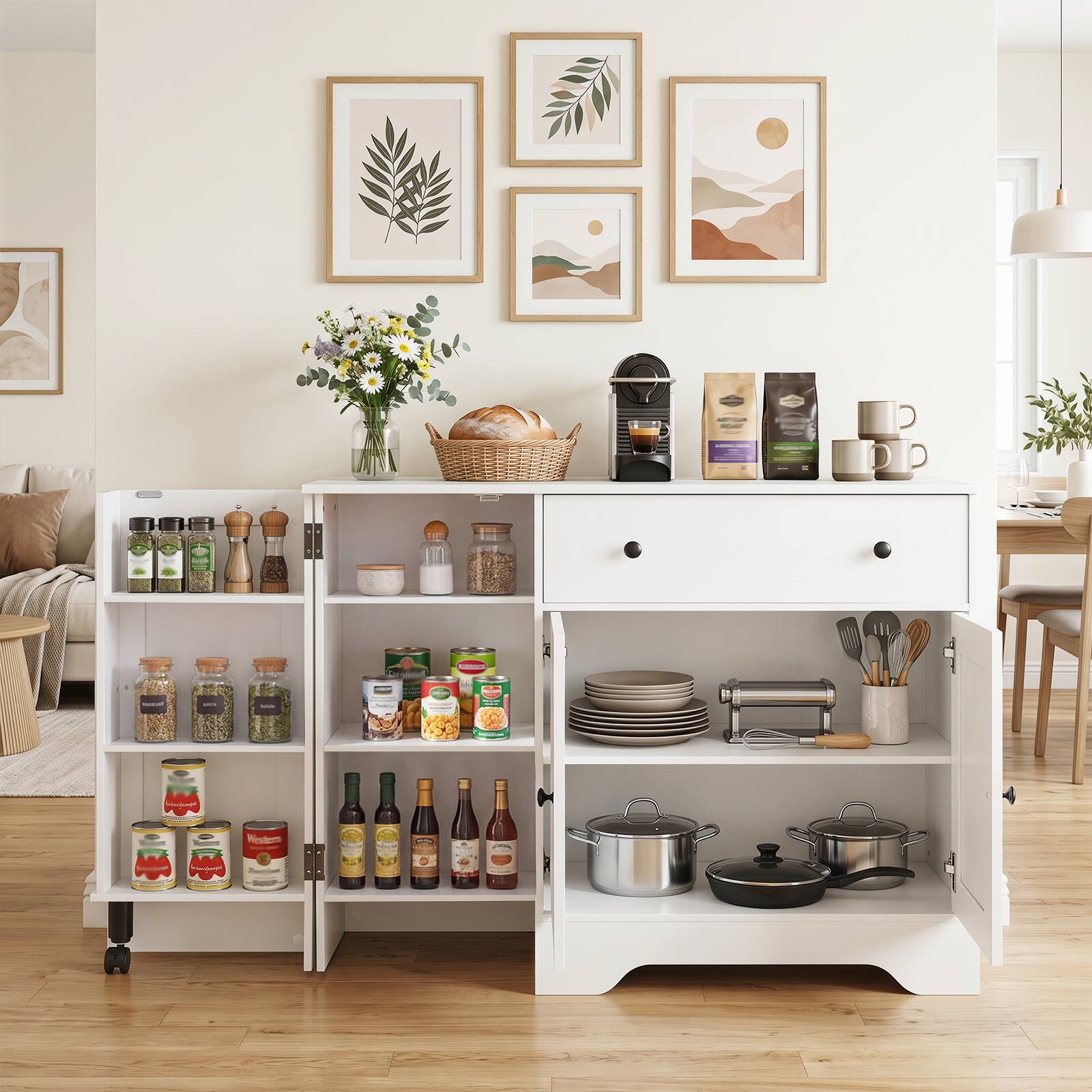 Alt View 4. Costway - Costway 41.5" Buffet Cabinet with Storage, 3 Doors, Drawer, Shelves, Rolling Wheel - White.