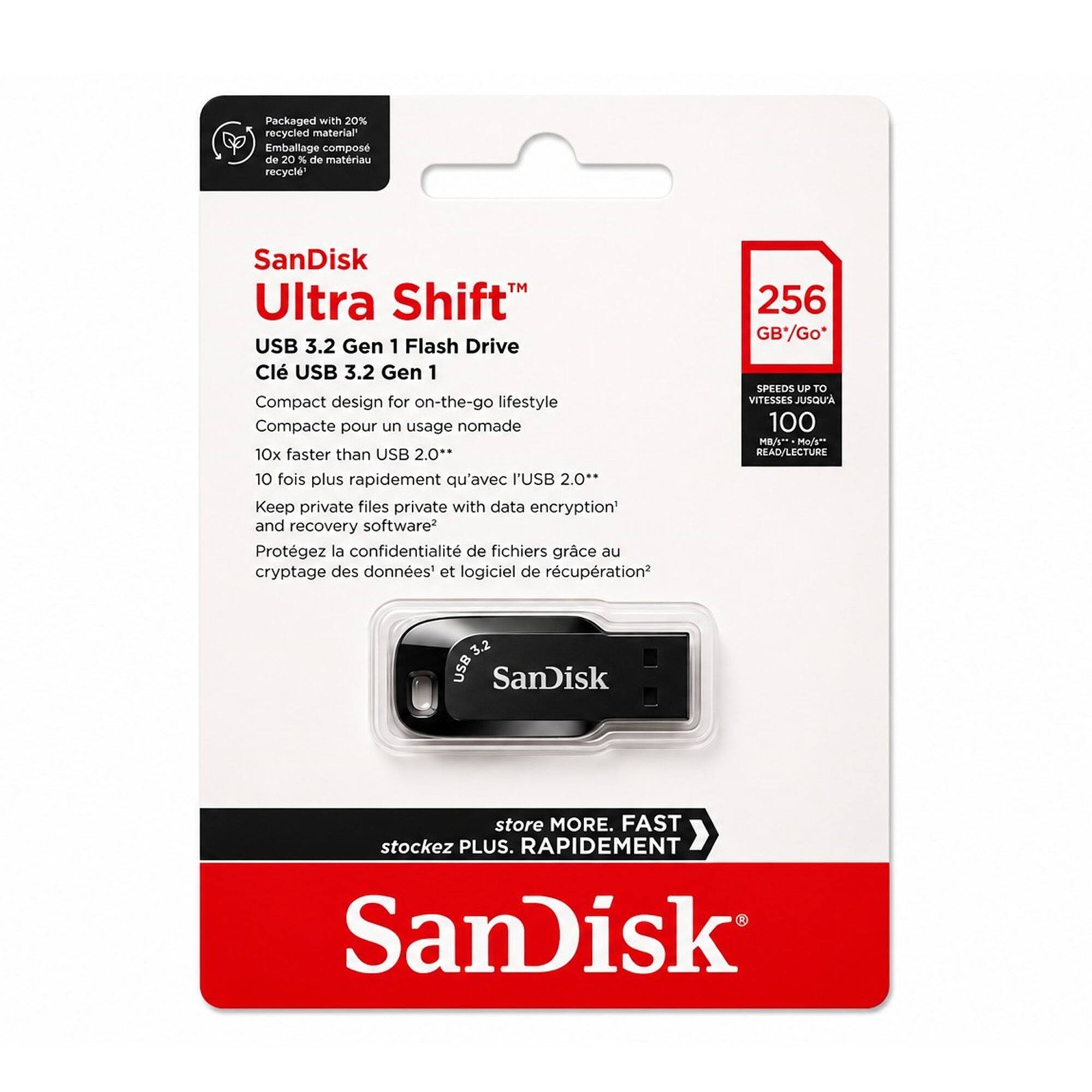 Packaged with 20% recycled material  
Emballage composé de 20% de matériau recyclé  

SanDisk Ultra Shift™  
USB 3.2 Gen 1 Flash Drive  
Clé USB 3.2 Gen 1  

Compact design for on-the-go lifestyle  
Compacte pour un usage nomade  

10x faster than USB 2.0**  
10 fois plus rapidement qu'avec l'USB 2.0**  

Keep private files private with data encryption and recovery software?  
Protégez la confidentialité de fichiers grâce au cryptage des données et logiciel de récupération*  

256 GB/Go*  
SPEEDS UP TO VITESSES JUSQU'A 100 MB/ Mo* READ/LECTURE  

SanDisk  
store MORE. FAST  
stockez PLUS. RAPIDEMENT