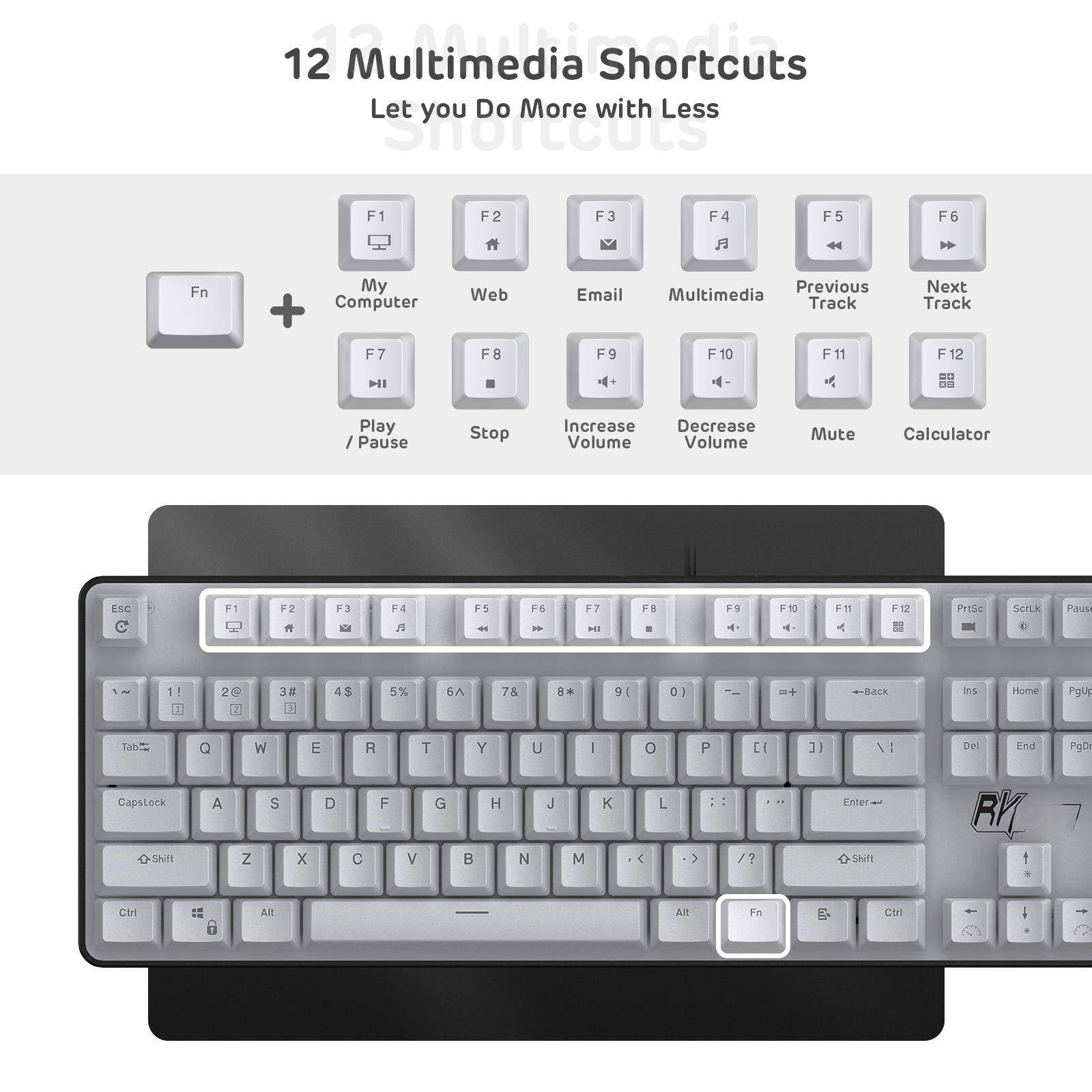 12 Multimedia Shortcuts  
Let you Do More with Less

Fn + F1: My Computer  
Fn + F2: Web  
Fn + F3: Email  
Fn + F4: Multimedia  
Fn + F5: Previous Track  
Fn + F6: Next Track  
Fn + F7: Play / Pause  
Fn + F8: Stop  
Fn + F9: Increase Volume  
Fn + F10: Decrease Volume  
Fn + F11: Mute  
Fn + F12: Calculator  

Esc  
F1  
F2  
F3  
F4  
F5  
F6  
F7  
F8  
F9  
F10  
F11  
F12  
PrtSc  
ScrLk  
Pause  
1  
2  
3  
4  
5  
6  
7  
8  
9  
0  
-  
=  
Backspace  
Tab  
Q  
W  
E  
R  
T  
Y  
U  
I  
O  
P  
[  
]  
\  
CapsLock  
A  
S  
D  
F  
G  
H  
J  
K  
L  
;  
'  
Enter  
Shift  
Z  
X  
C  
V  
B  
N  
