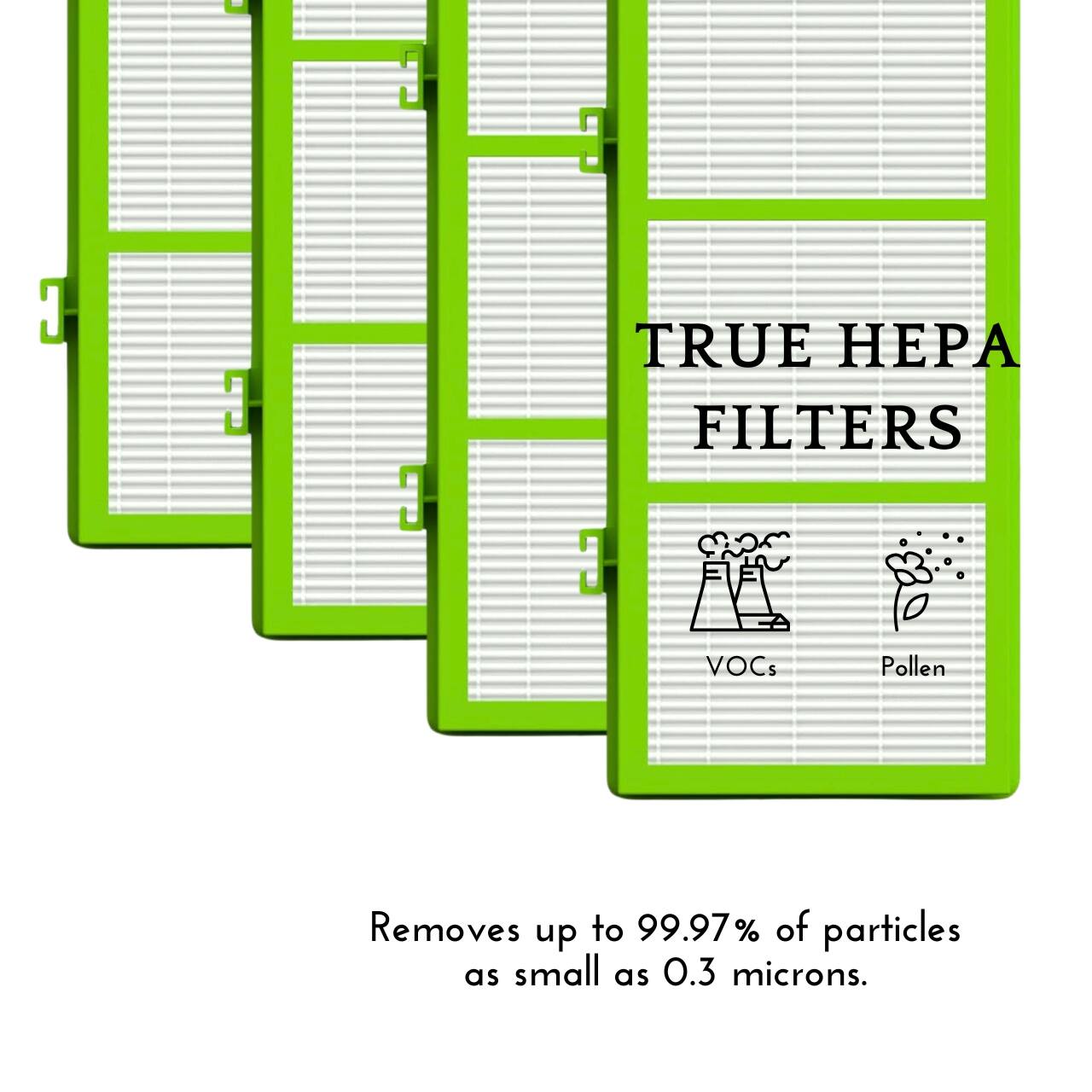 TRUE HEPA FILTERS

Removes up to 99.97% of particles as small as 0.3 microns.

VOCs  Pollen