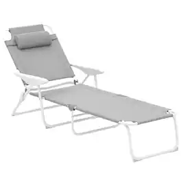 Outsunny - Folding Lounge Chair, Portable Outdoor Chaise Lounge, Sun Tanning Chair with 4-Position Reclining Back, Armrests - Light Gray