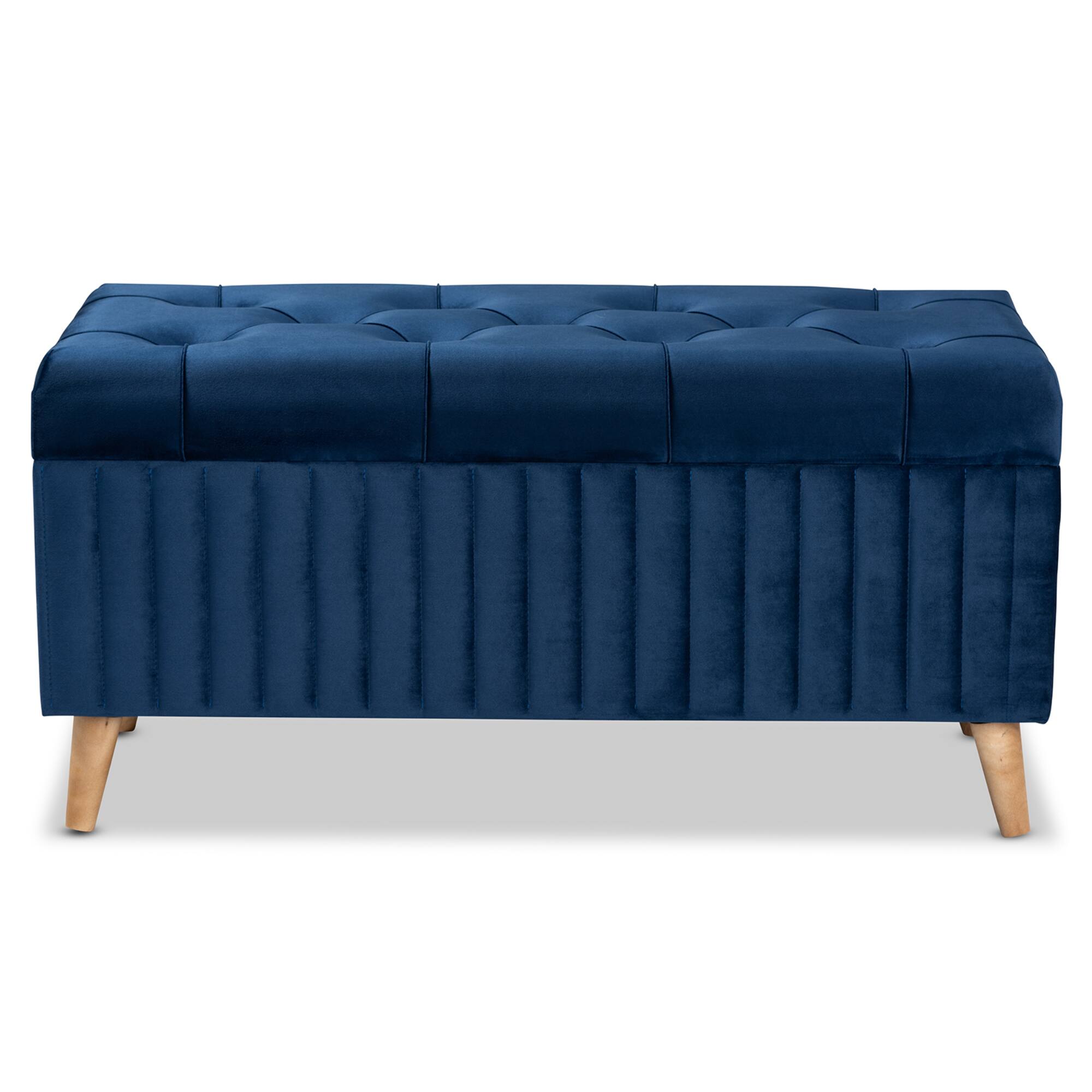 Left. Baxton Studio - Hanley Modern and Contemporary Velvet Fabric Upholstered and Walnut Brown Finished Wood Storage Ottoman - Navy Blue/Walnut Brown.