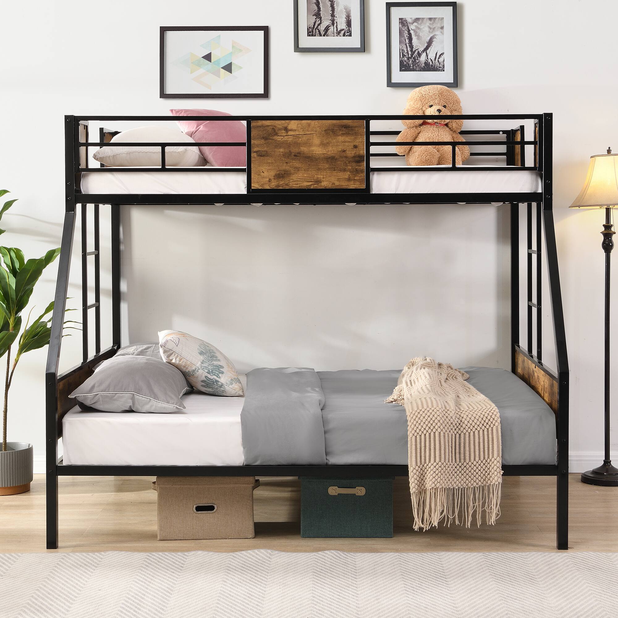 Alt View 1. Trinkets Crazed - Twin Over Full Metal Bunk Bed, Metal Bed with 2 Ladders and Full-Length Guardrail, No Box Spring Needed - Black.