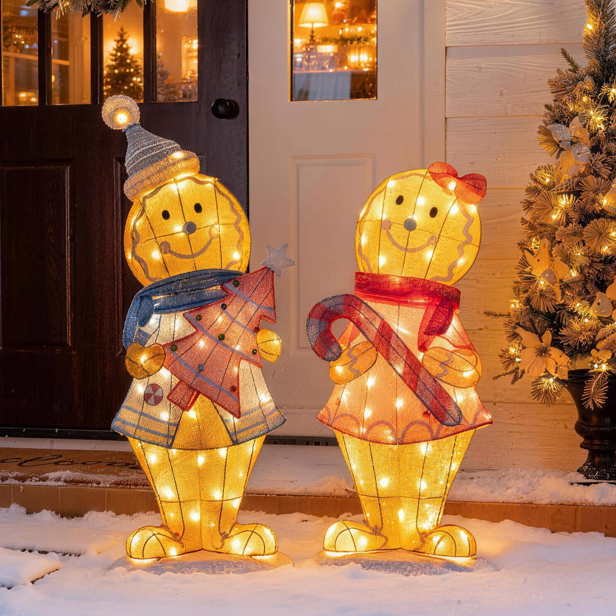 Glitzhome - 41.25"H Set of 2 3D Fabric Gingerbreadman with 120 LED Lights - Multi-Colored