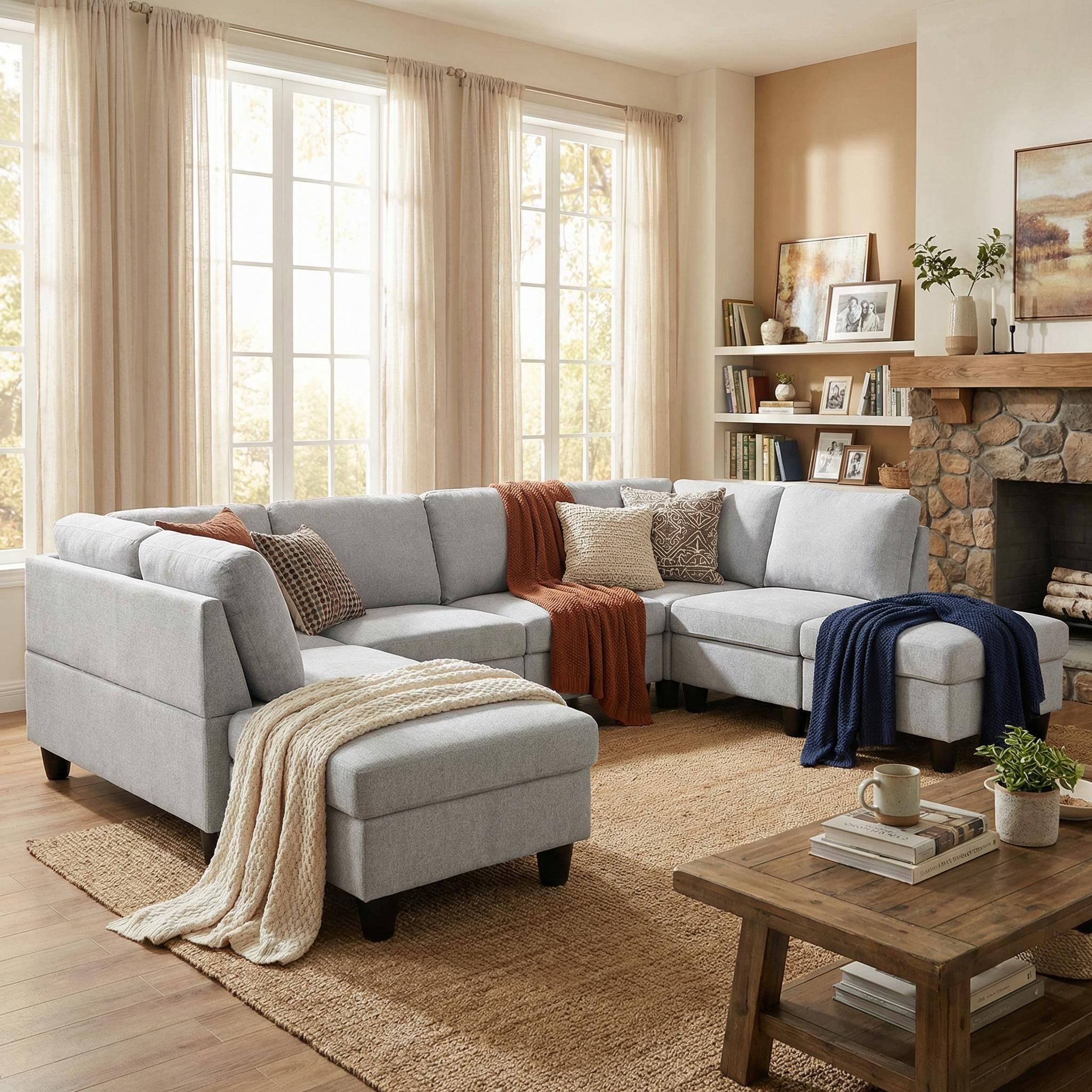 Alt View 3. Boyel Living - 8 Piece Modular Corduroy Sofa Set Movable DIY Sectional - Light Gray.