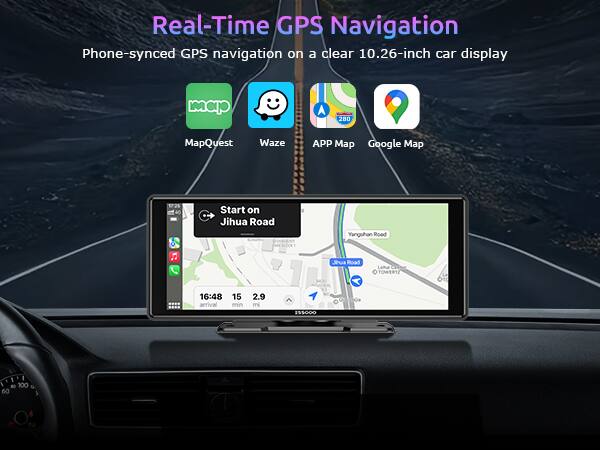 Real-Time GPS Navigation  
Phone-synced GPS navigation on a clear 10.26-inch car display  

MapQuest  
Waze  
APP Map  
Google Map  

Start on Jihua Road  
Yangshan Road  
Laha Cole  
TOWER2  

16:48  
15 arrival min  
2.9 mi  
S5000  
I 80  
100  
60