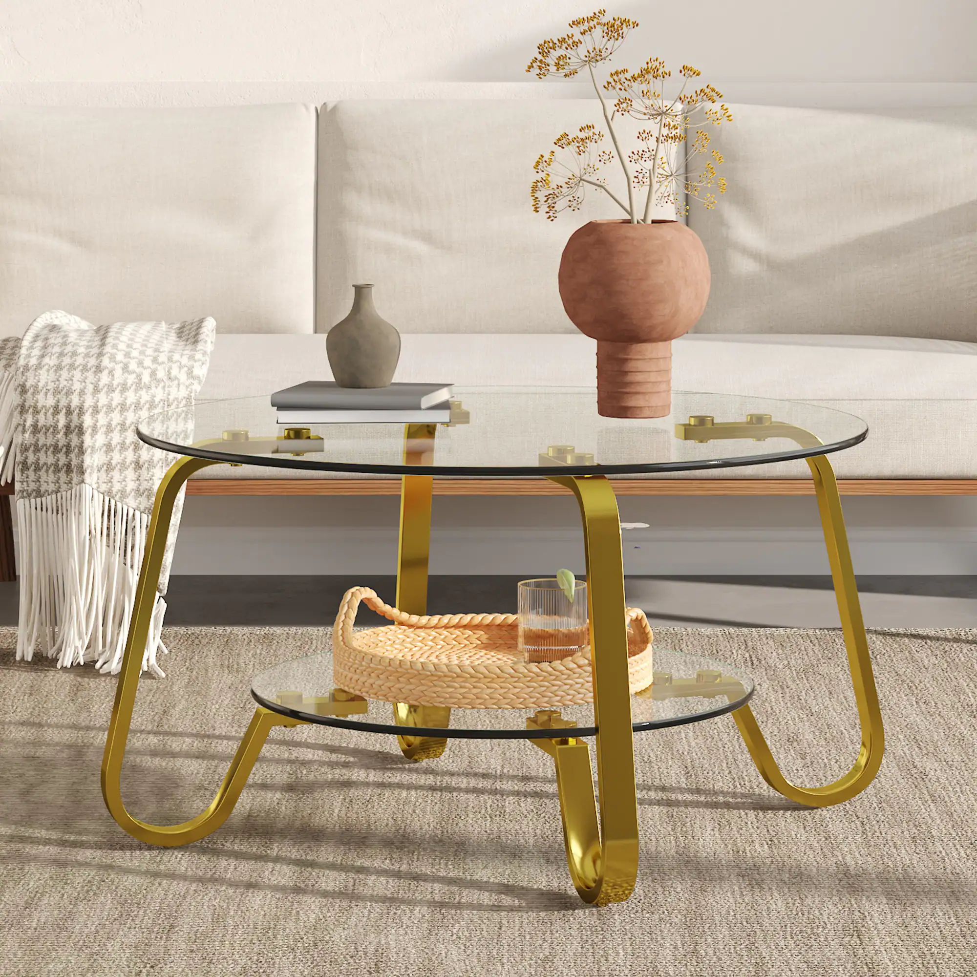 Left. Loheer - Loheer- Tempered Glass Coffee Table Double Tier Metal Frame Center Table for Living Room 2.6x2.6x1.5 ft - Gold.