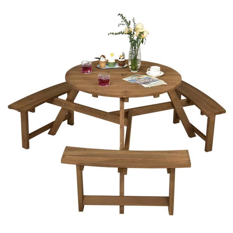 Angle. Hivvago - Outdoor Solid Wood Round Picnic Table Set with Umbrella Hole and 3 Benches - Dark Brown.