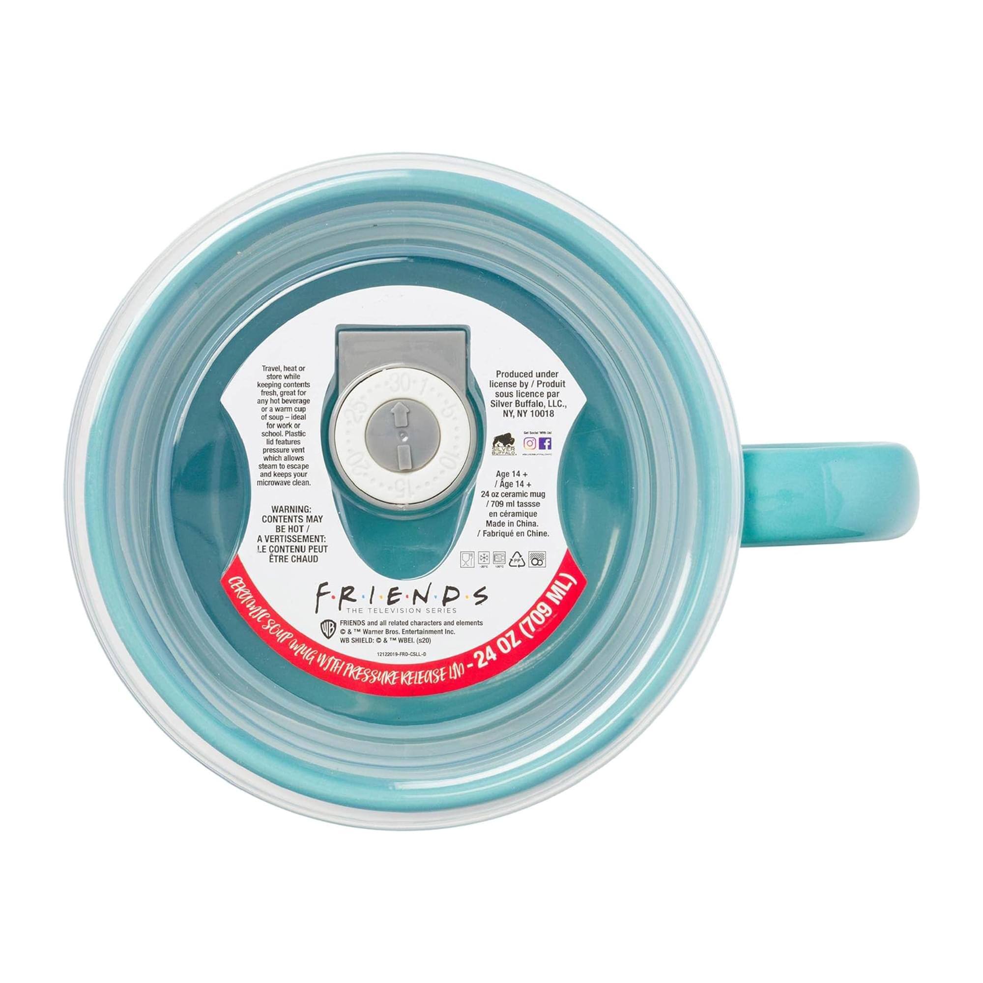 - Produced under license by Silver Buffalo, LLC. NW, MT 10018
- Contents may be hot. Aye contenu peut être chaud. Le contenu peut être chaud.
- Travel hot or store while fresh. Great for a warm cup of coffee, tea, or soup. School, picnic, or work. Plastic pressure seal keeps contents fresh. Microwave safe. Steam to escape pressure.
- Age 14+
- 24 OZ (709 ML)
- Made in China. Fabriqué en Chine.
- Friends and all related characters and elements are trademarks of and © Warner Bros. Entertainment Inc. (s1994) WB SHIELD, D & G "WB" (s2000) © 2019 Warner Bros. Entertainment Inc. All Rights Reserved. FRIENDS is a registered trademark of Warner Bros. Entertainment Inc.